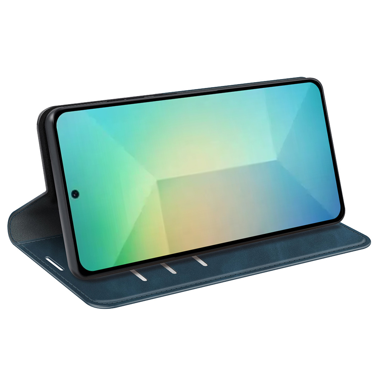 Een blauwe telefoonhoes met een telefoon met een kleurrijk scherm, gekanteld op een oppervlak.