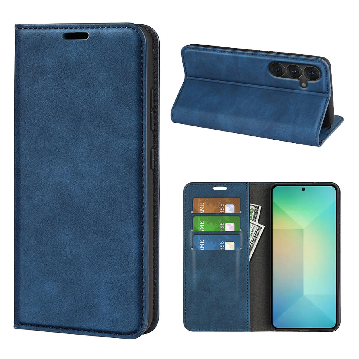 Blauwe telefoonhoes met kaarten en geld erin. Drie secties: gesloten, open en telefoonweergave.
