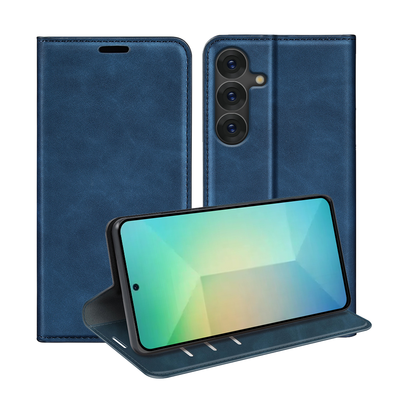 Een blauwe telefoonhoes met een zwarte telefoon erin. Het telefoonscherm is zichtbaar met een kleurrijke achtergrond.