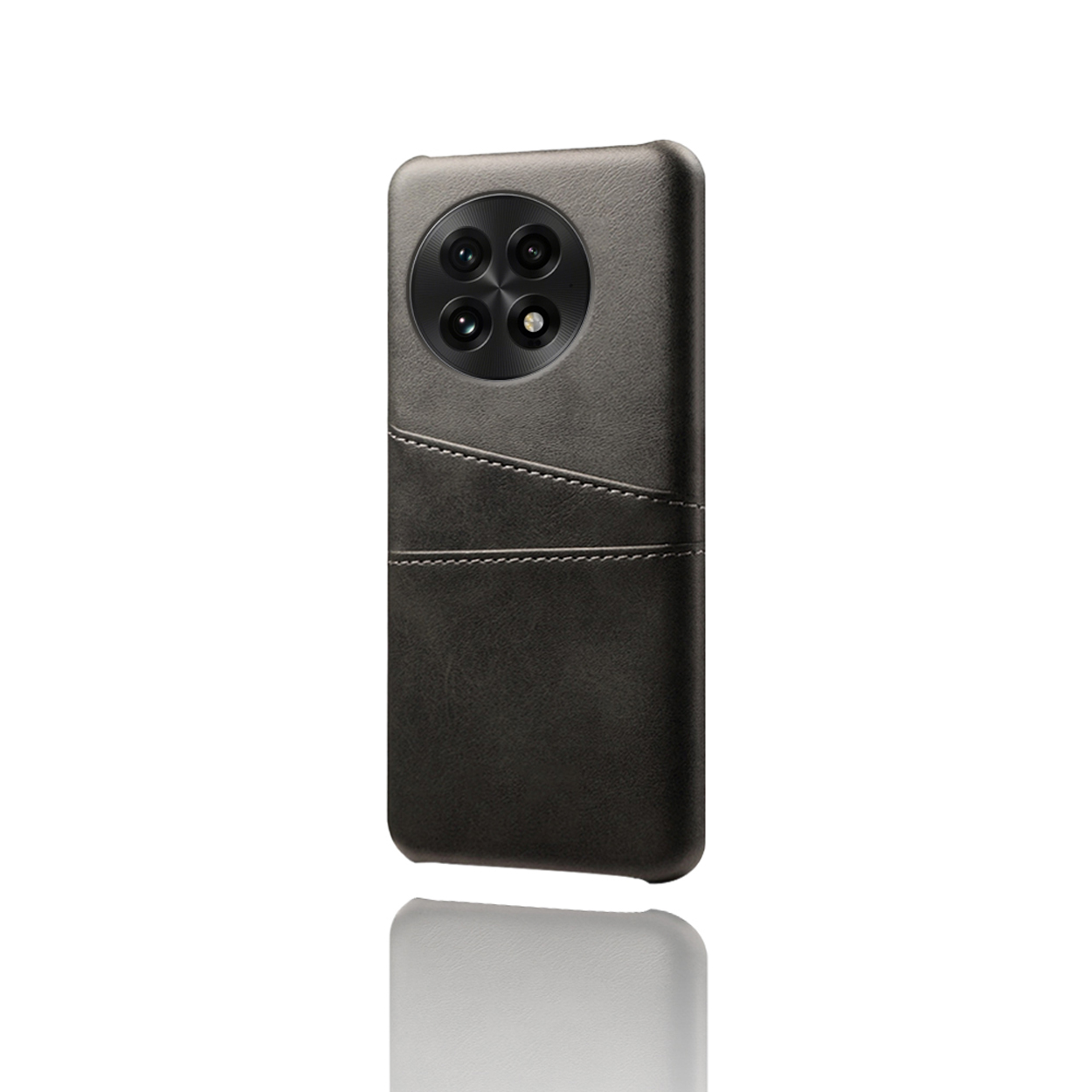 Donkergrijze telefoonhoes met een zwarte camerabult en een kaartsleuf. Witte achtergrond.