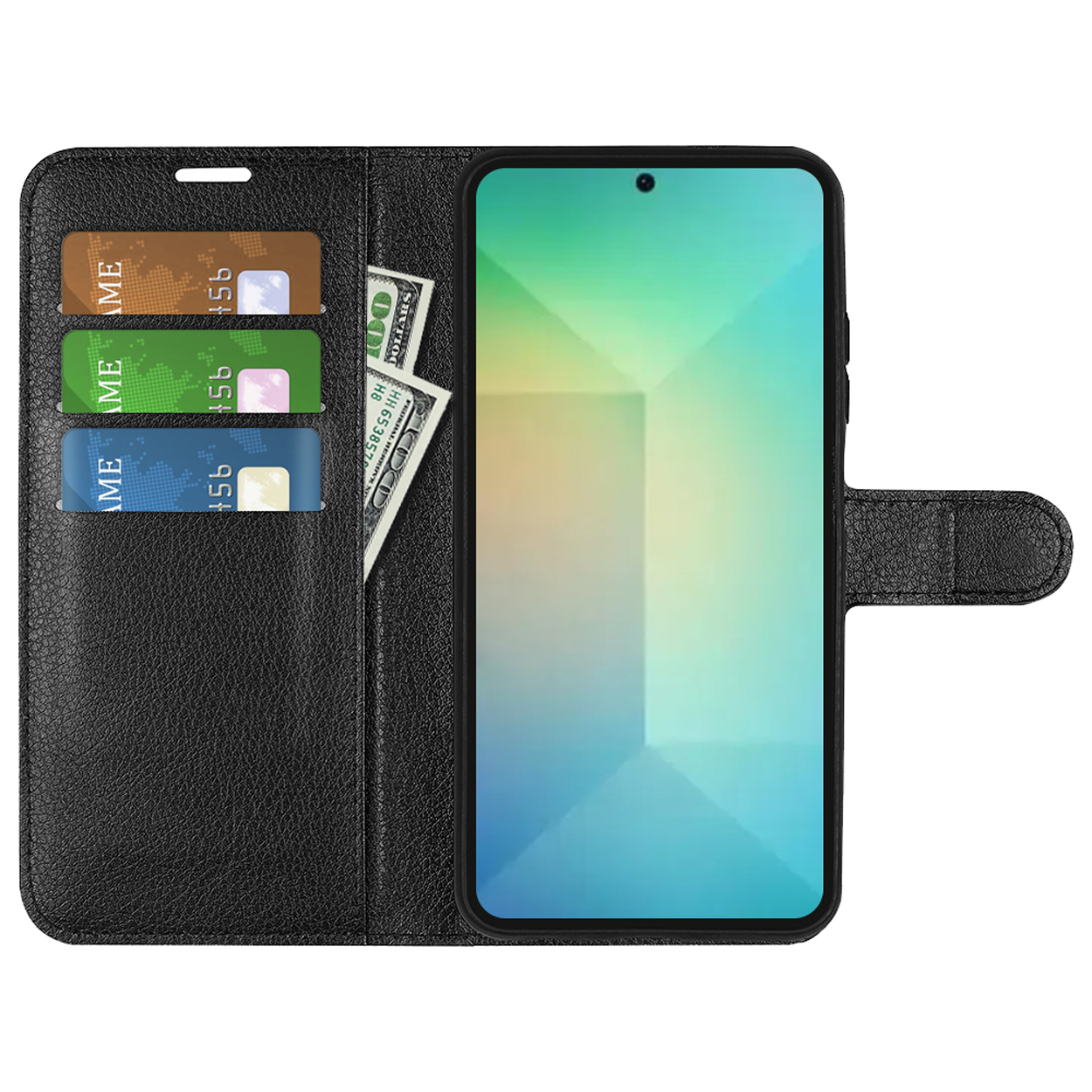 Zwarte telefoonhoes met kaarten en geld erin. Telefoon in open hoes. Witte achtergrond.