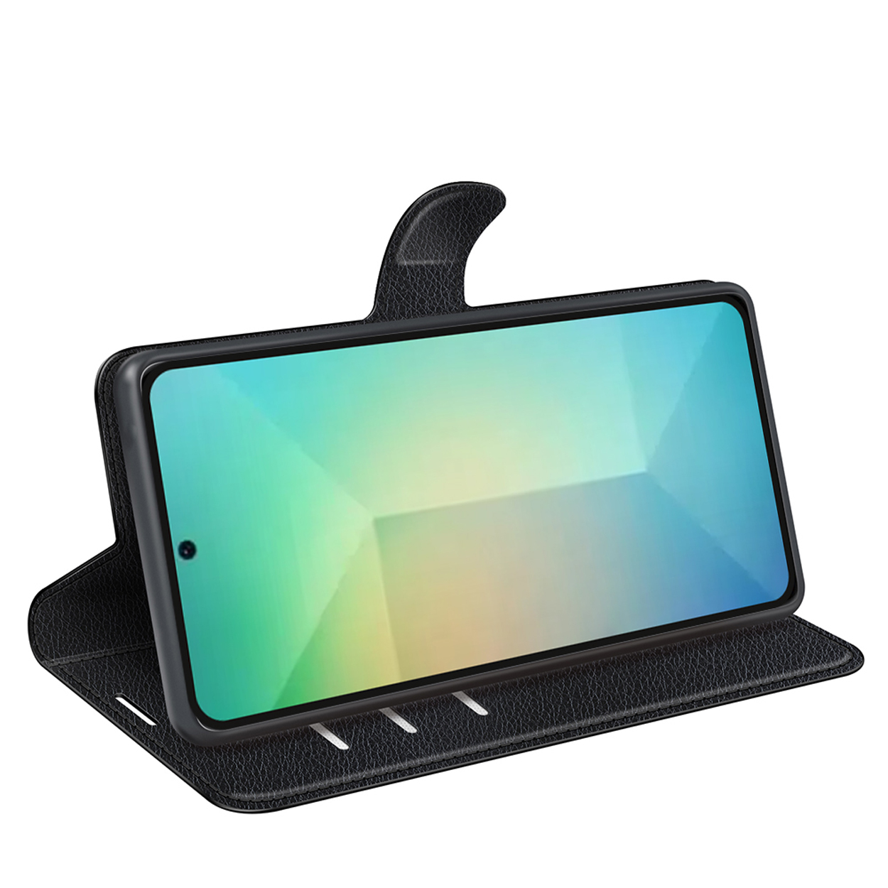 Een zwarte telefoonhoes met een zwarte telefoon erin. Het telefoonscherm is zichtbaar met een kleurrijke achtergrond.