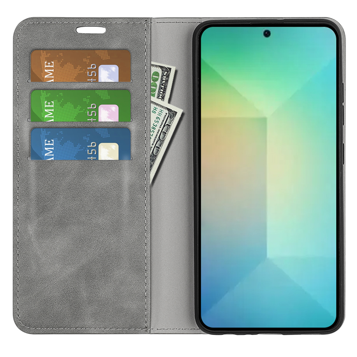 Een grijze telefoonhoes met kaarten en geld erin. Een telefoon is zichtbaar aan de rechterkant.
