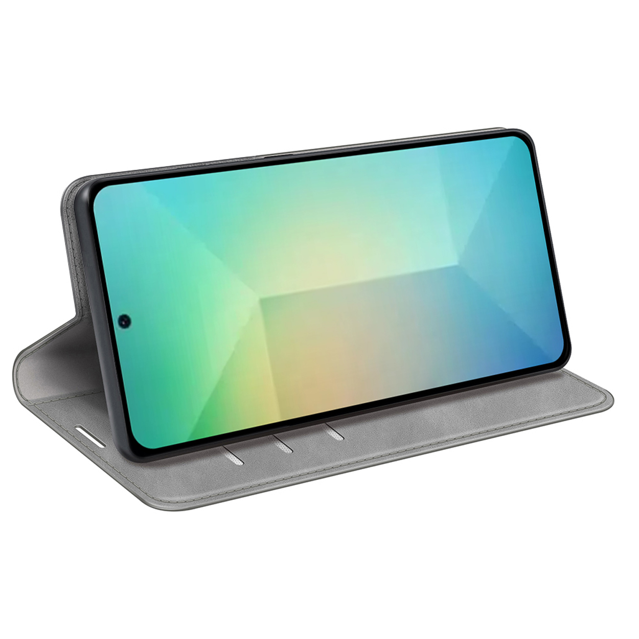 Een telefoon in een grijze hoes, open, met een kleurrijk scherm.
