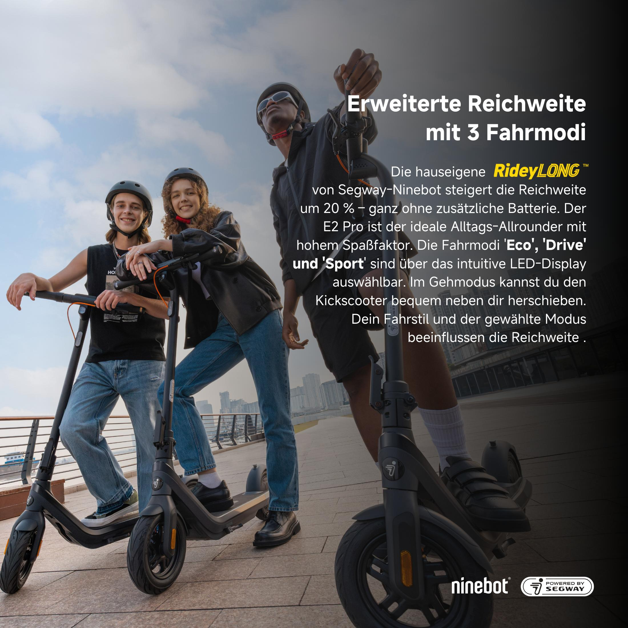 Drei Personen mit Helmen fahren Roller. Text-Overlay besagt 'RideyLONG' und 'E2 Pro'.