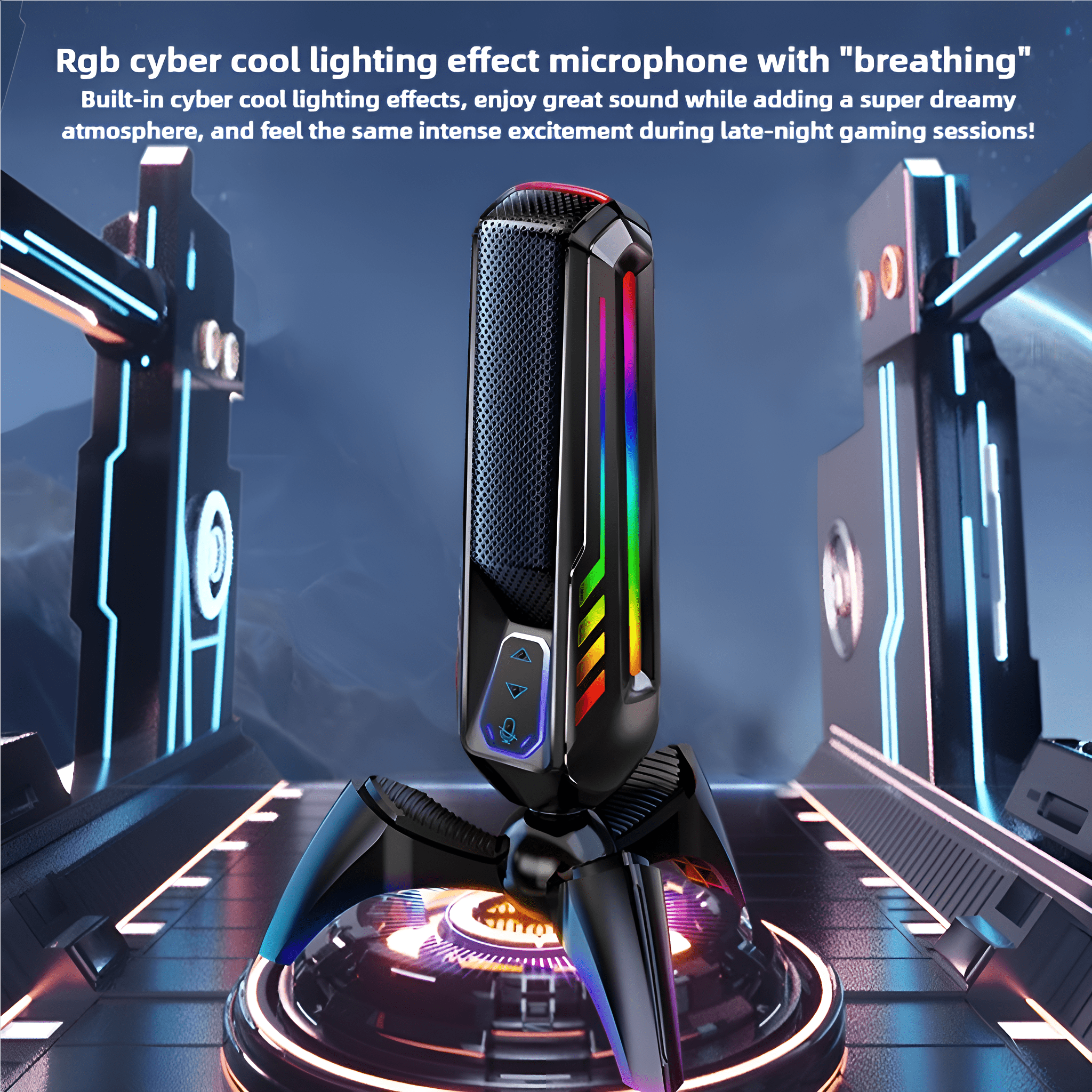 Schwarzes Mikrofon mit bunten Lichtern auf einem Ständer. Futuristischer Hintergrund.
