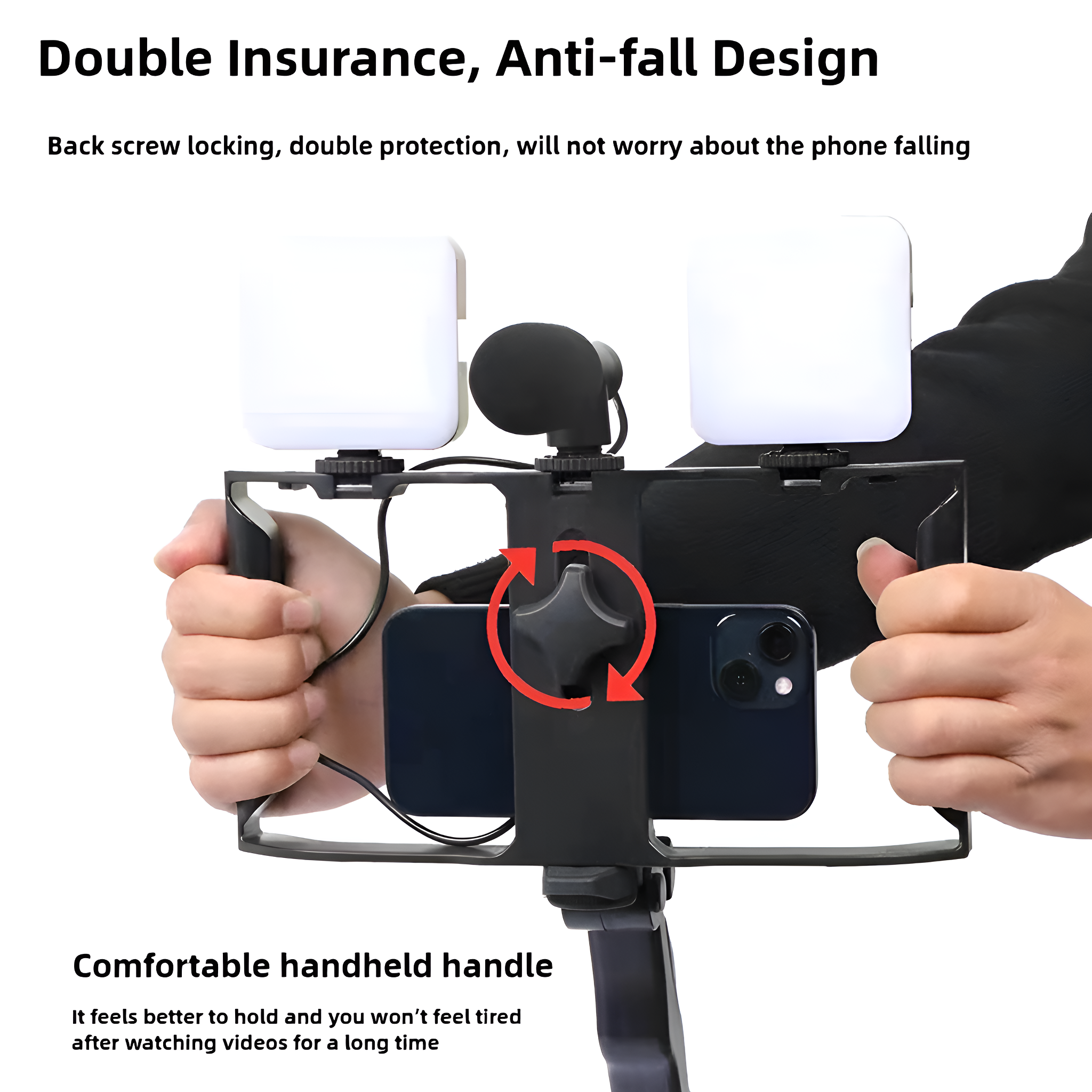 Ein Telefon in einer Halterung mit weißen Lichtern und einem Mikrofon. Text: 'Doppelte Versicherung, Anti-Fall-Design'.