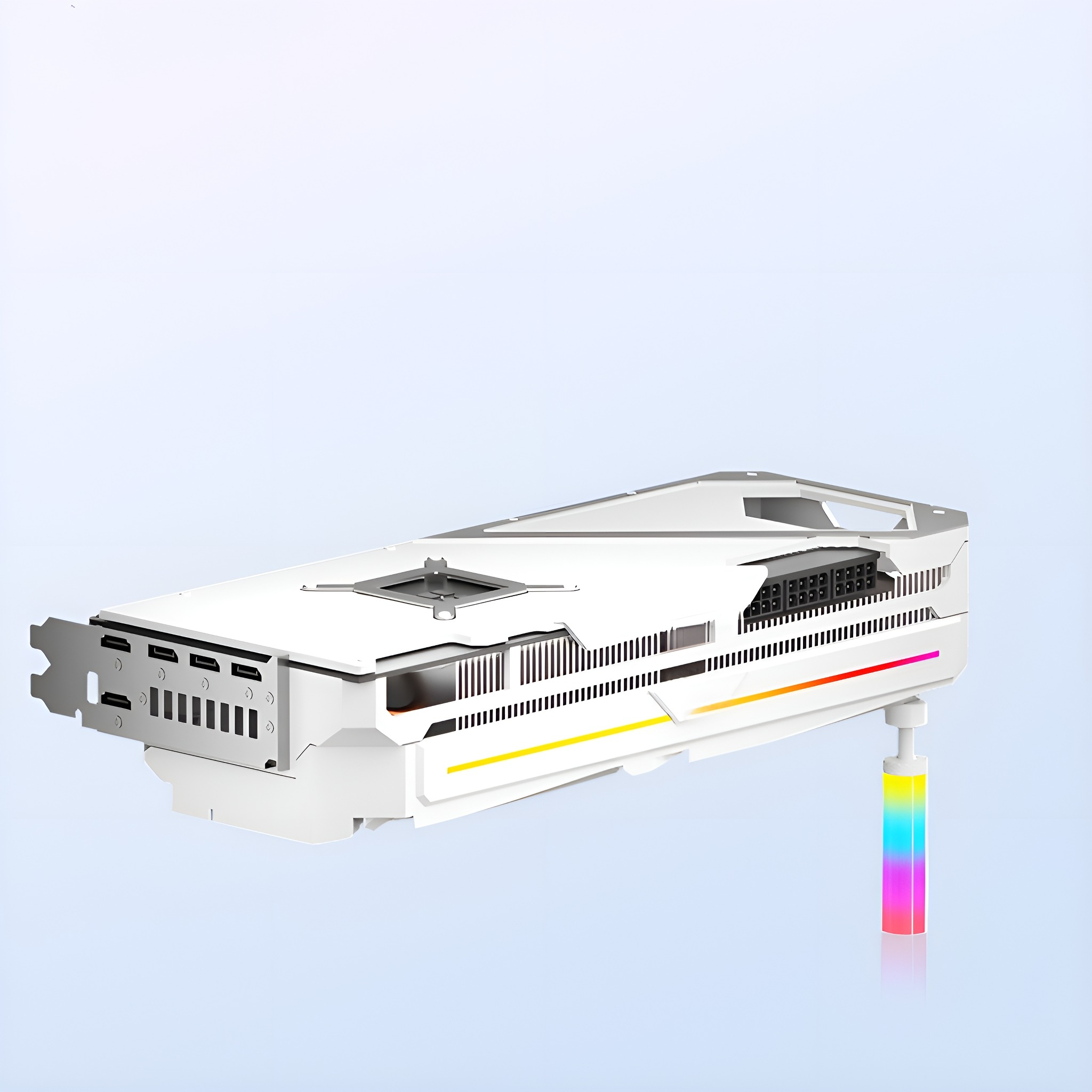 Weiße und silberne Computerkomponente mit Regenbogenfarbenlicht an der Seite.
