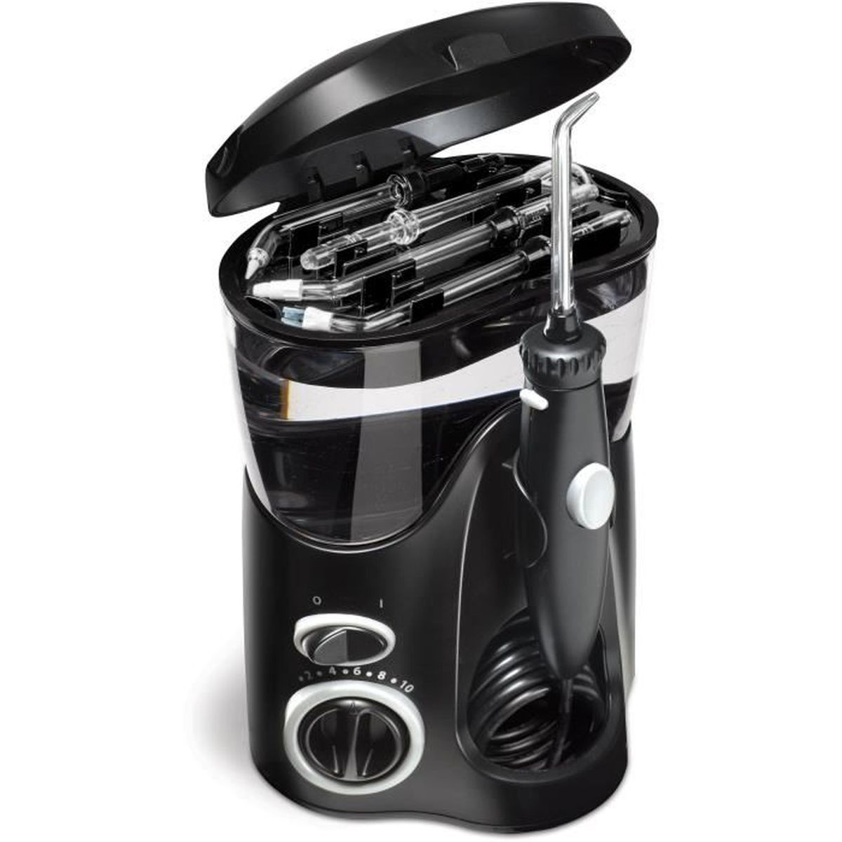 Czarny irygator do jamy ustnej z akcesoriami i czarnym otwartym wieczkiem.