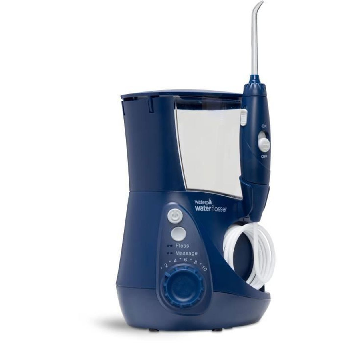 Blauer Wasser-Flosser mit verschiedenen Einstellungen. Weißer Schlauch und Teile.