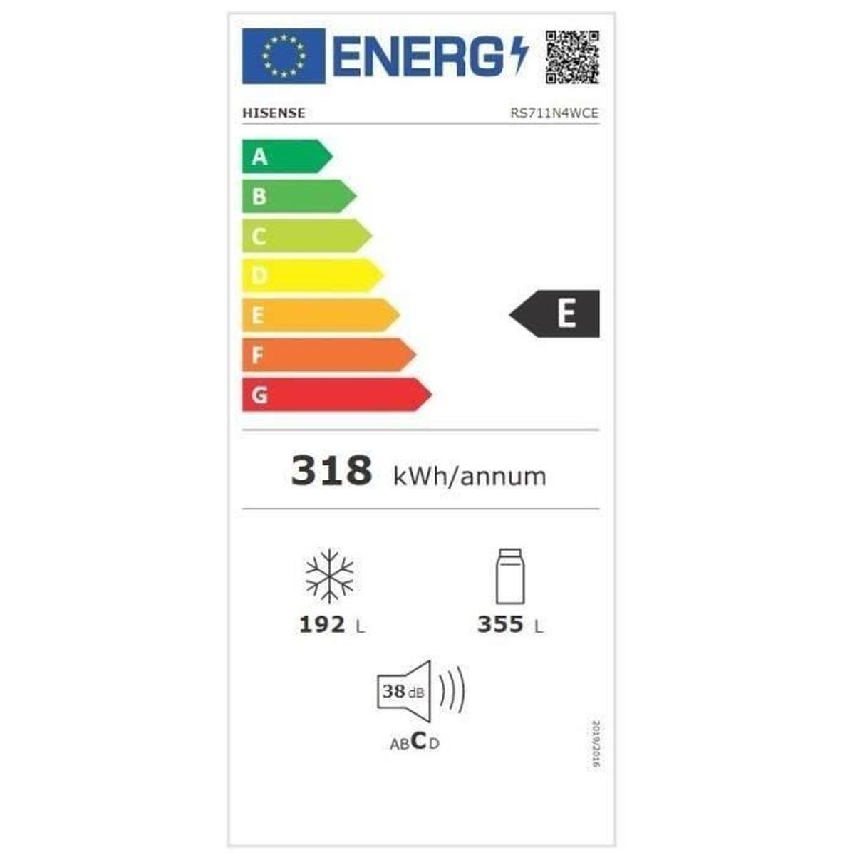 Etichetta di efficienza energetica per un frigorifero, mostra la classe E.