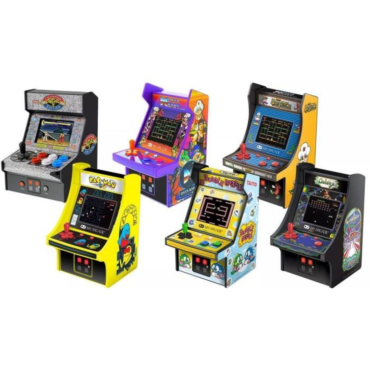 Sei macchine arcade in miniatura. Sono di vari colori e hanno diversi schermi di gioco.