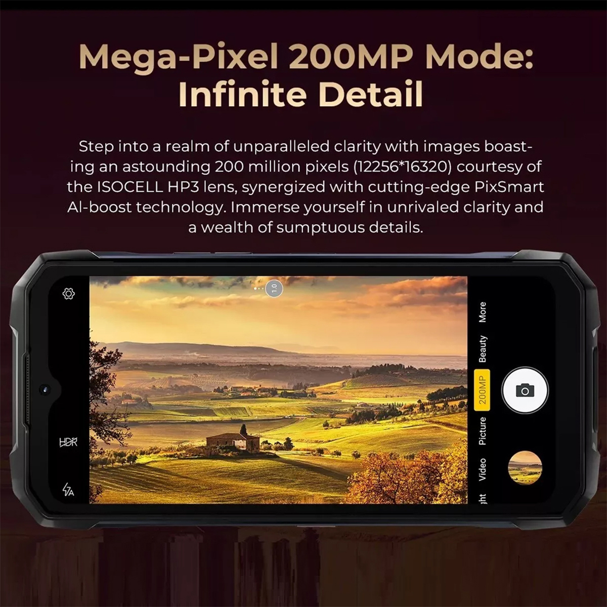 Uno schermo del telefono che mostra una foto di un paesaggio. Testo in alto: Modalità Mega-Pixel 200MP: Dettaglio infinito.