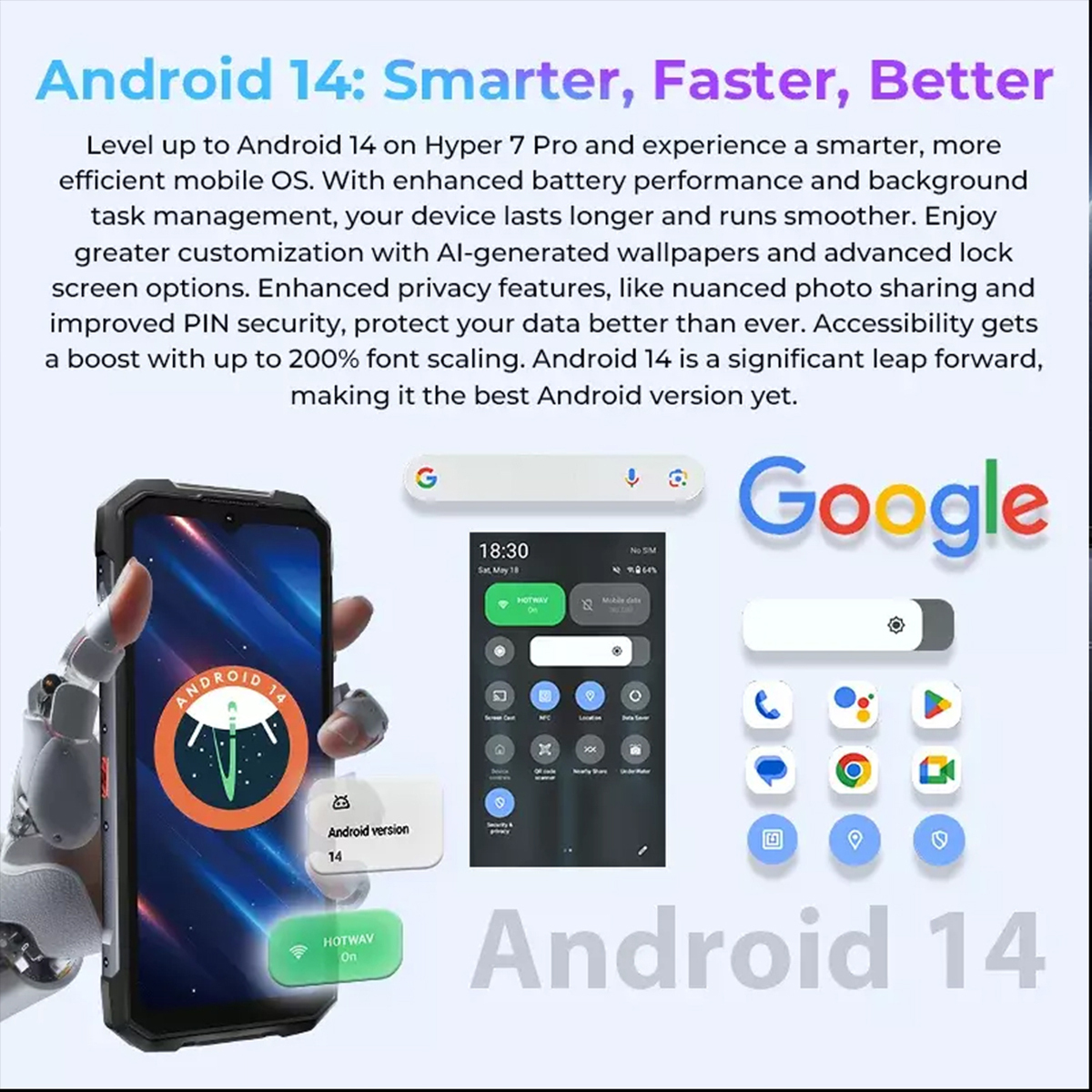 Un telefono Android con interfaccia Android 14, visualizzato con i loghi Google e Android.