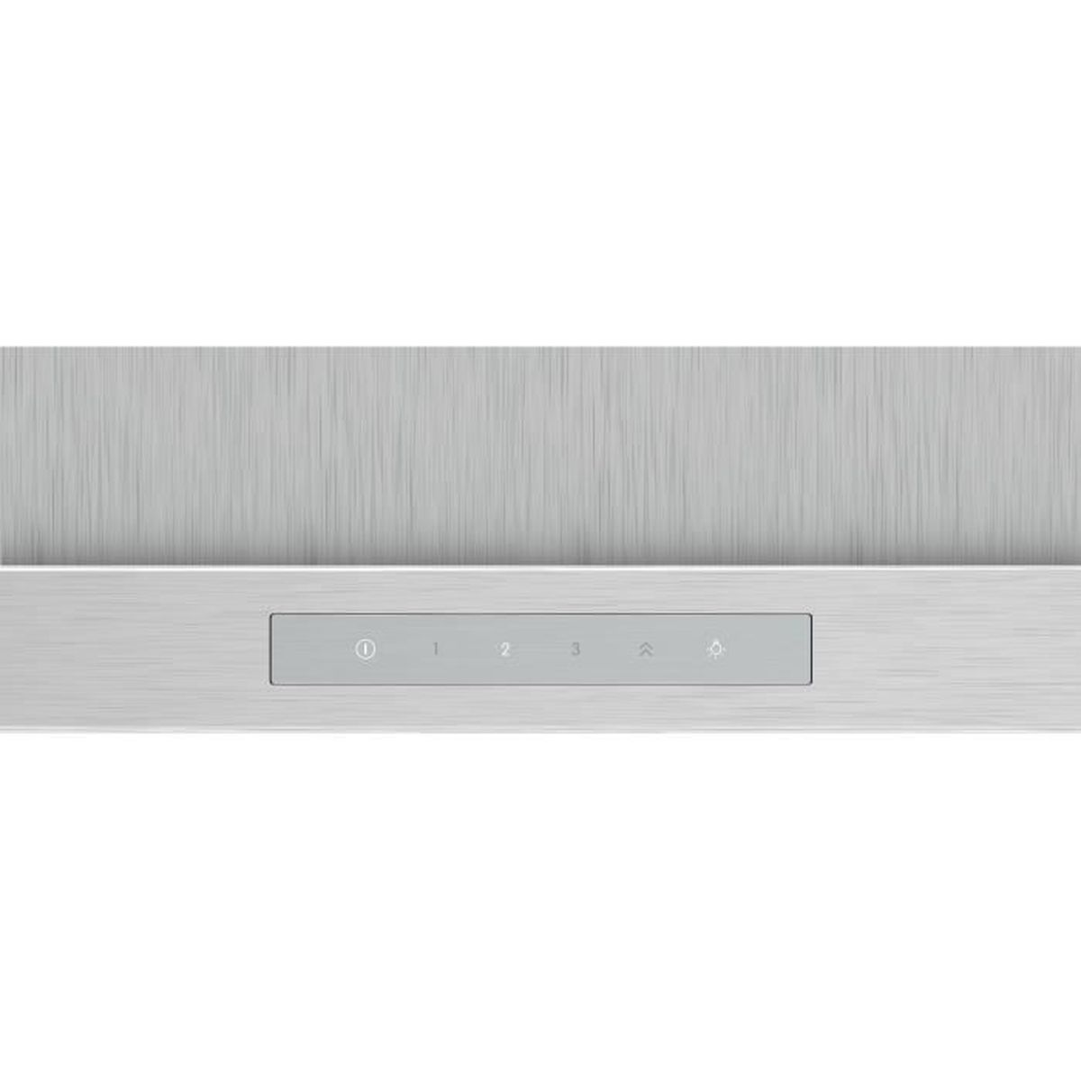 Primer plano de un panel de control de campana extractora de cocina de acero inoxidable con botones e iconos.