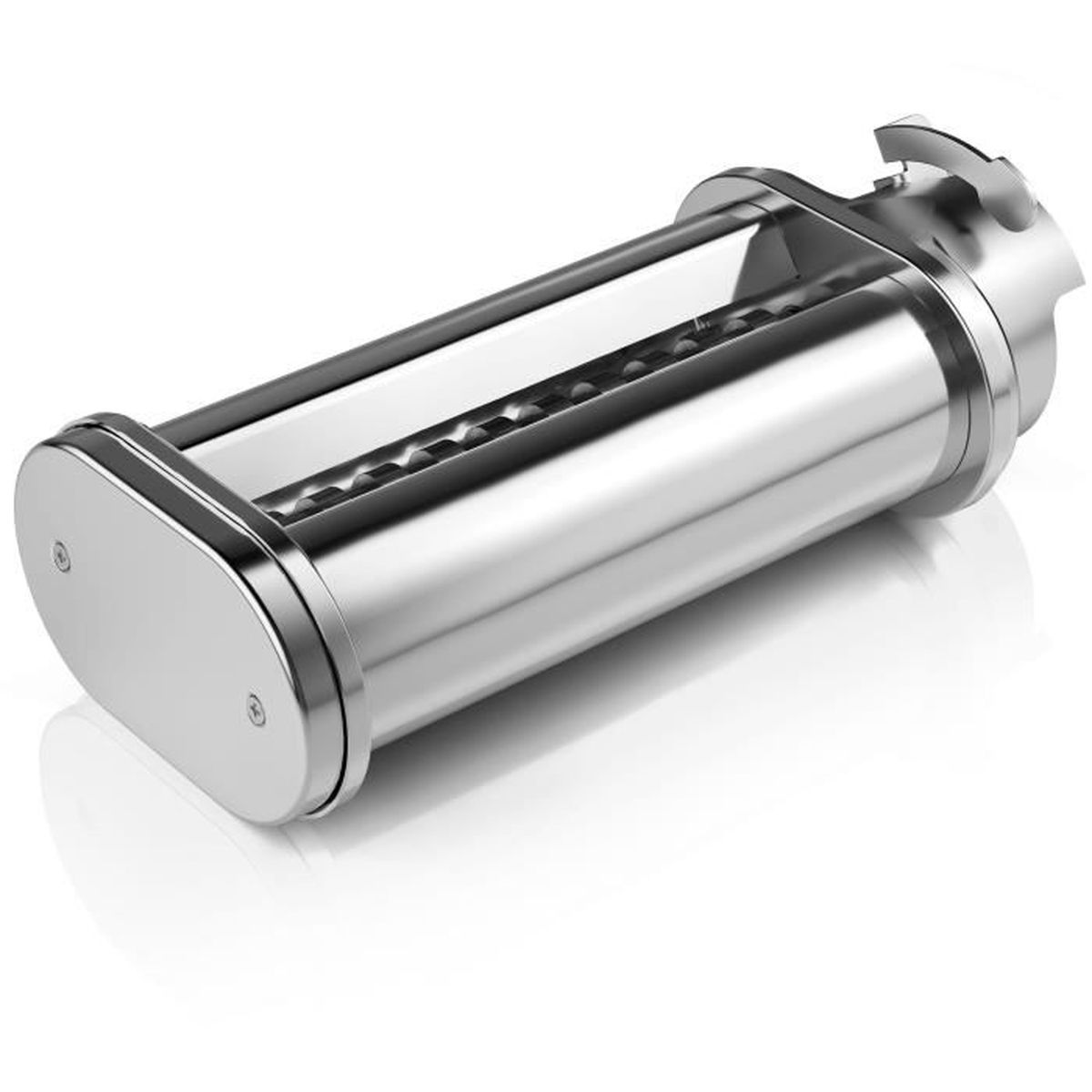 Una máquina para pasta de acero inoxidable sobre una superficie blanca.