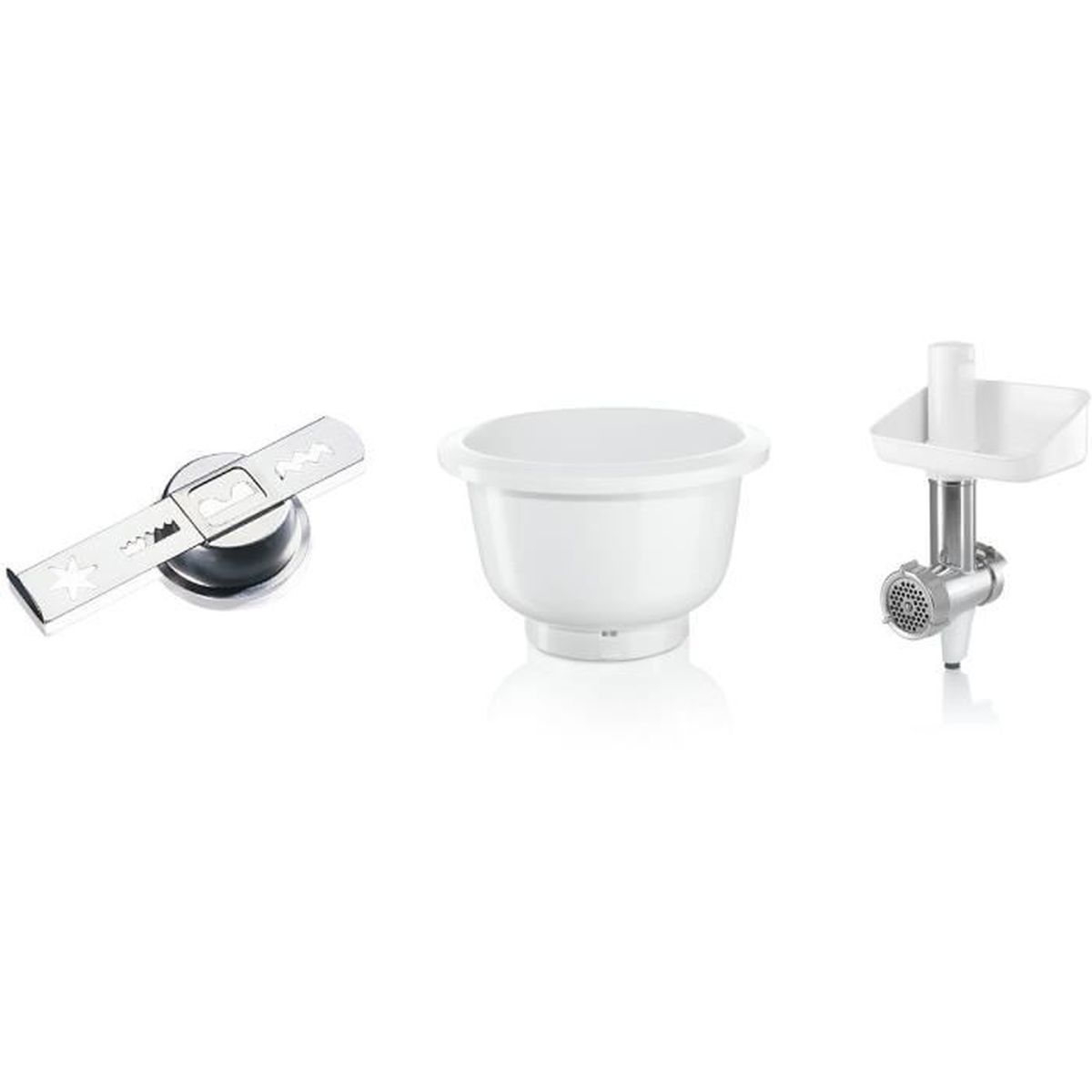 Accesorios de electrodomésticos de cocina, incluyendo un molinillo, un bol y un picador de carne.