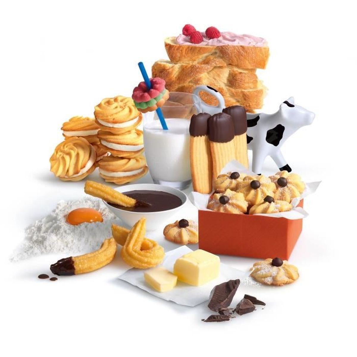 Surtido de postres: galletas, churros, chocolate, leche, mantequilla y una vaca de juguete.