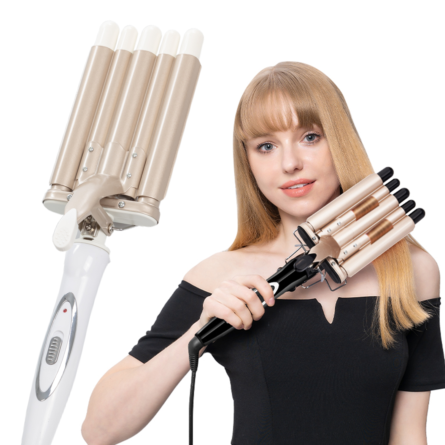Una donna che usa un'arricciacapelli. Una donna bionda con un top nero si sta arricciando i capelli.