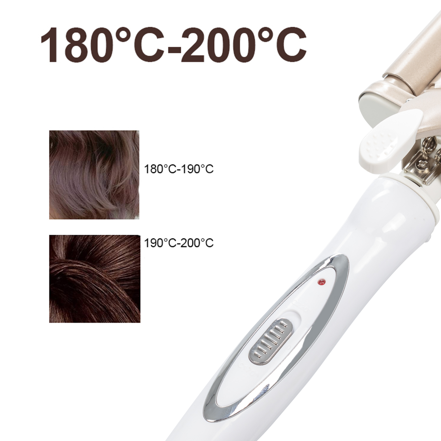 Arricciacapelli con immagini di campioni di colore dei capelli e testo sulle temperature.