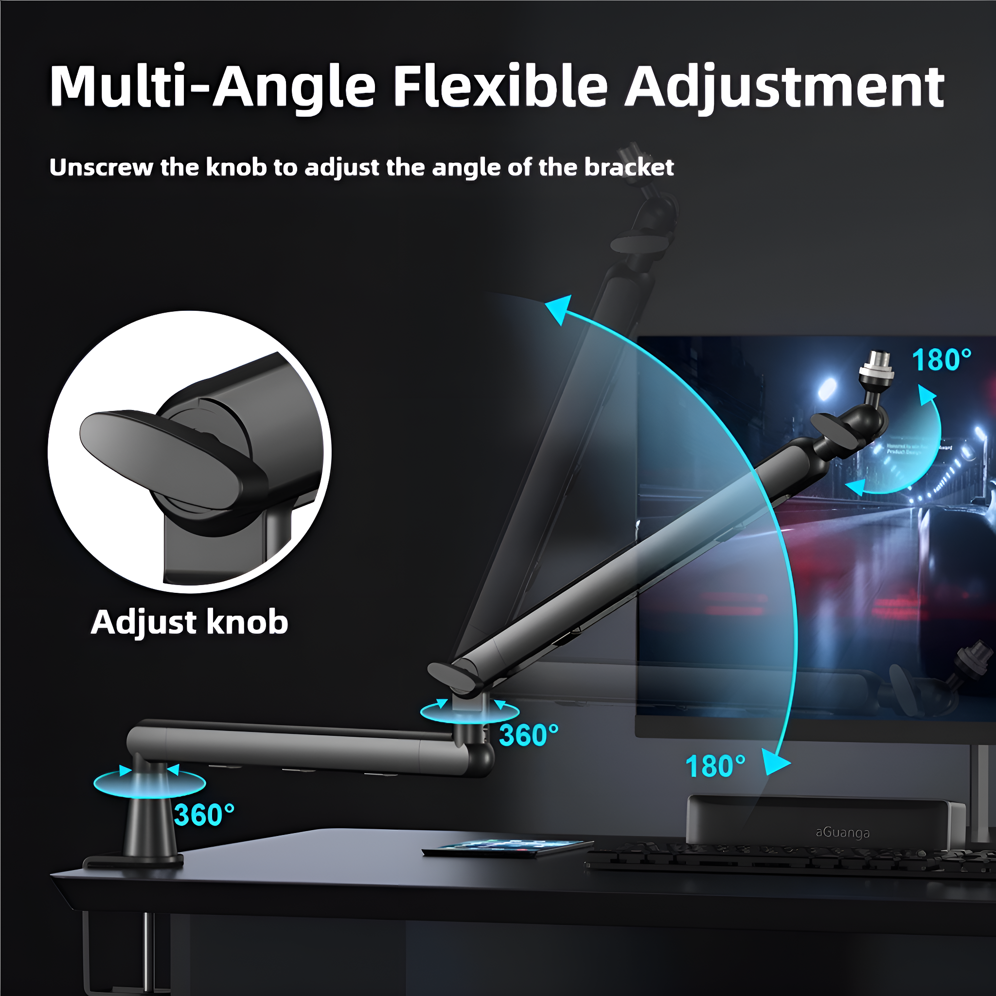 Ein Bild, das die flexible Mehrwinkeleinstellung eines Monitorarms zeigt, mit Pfeilen, die Winkel anzeigen.