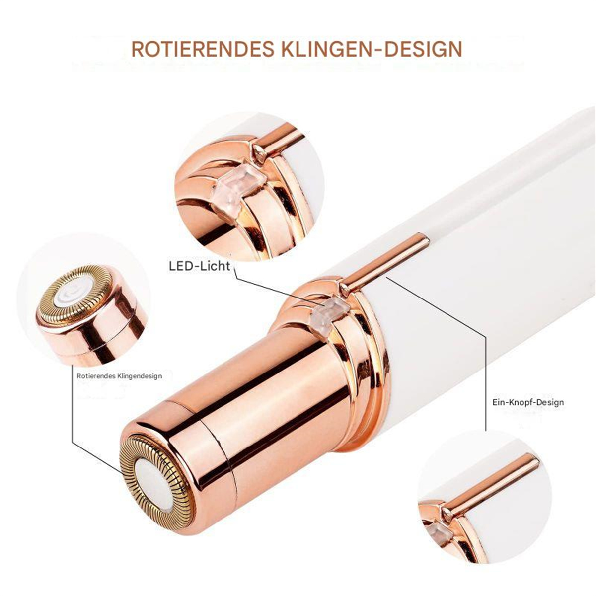 Nahaufnahme eines weißen und roségoldfarbenen Epilierers mit rotierenden Klingen und Beschriftungen.