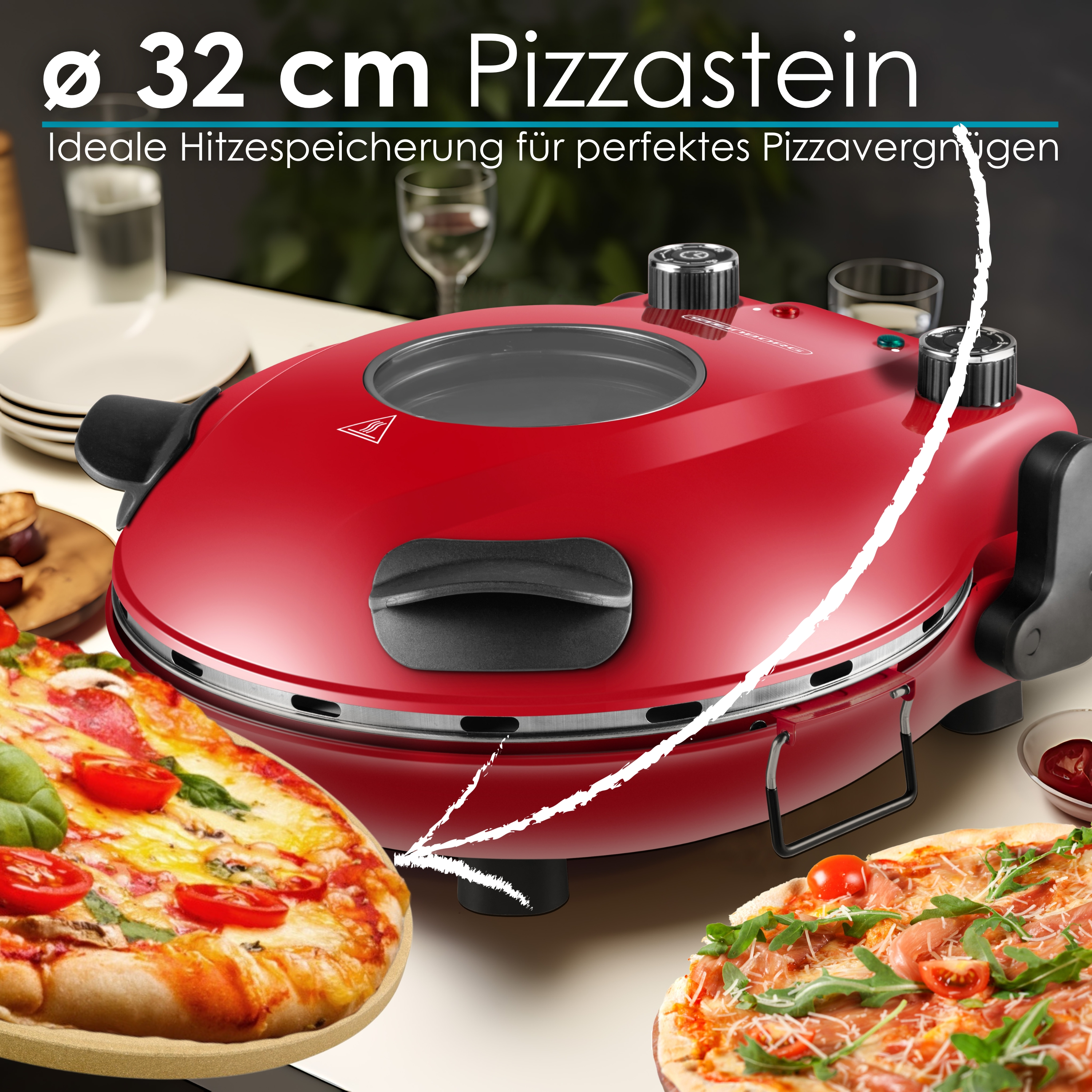Four à pizza rouge avec deux pizzas, une sur pierre, l'autre à droite. Superposition de texte.