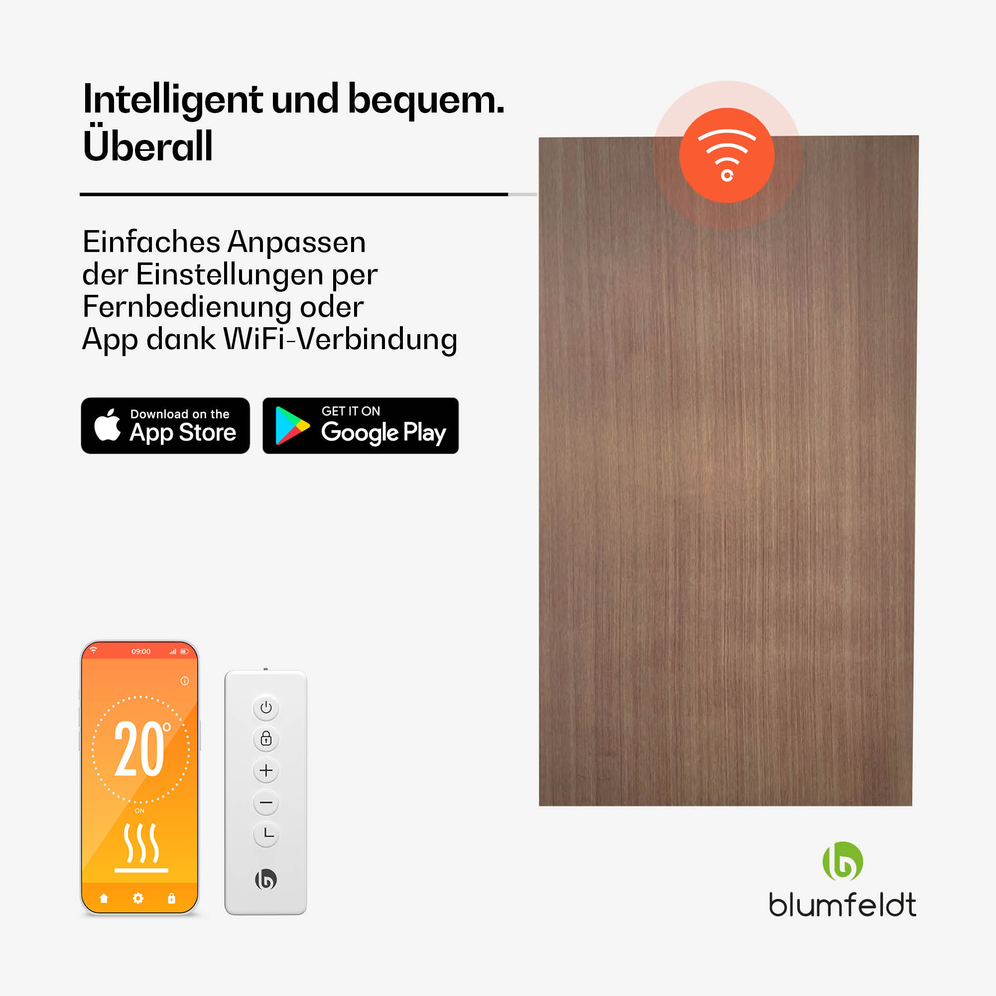 Il display della casa intelligente mostra le impostazioni. Telecomando e smartphone con temperatura. Sfondo in legno.