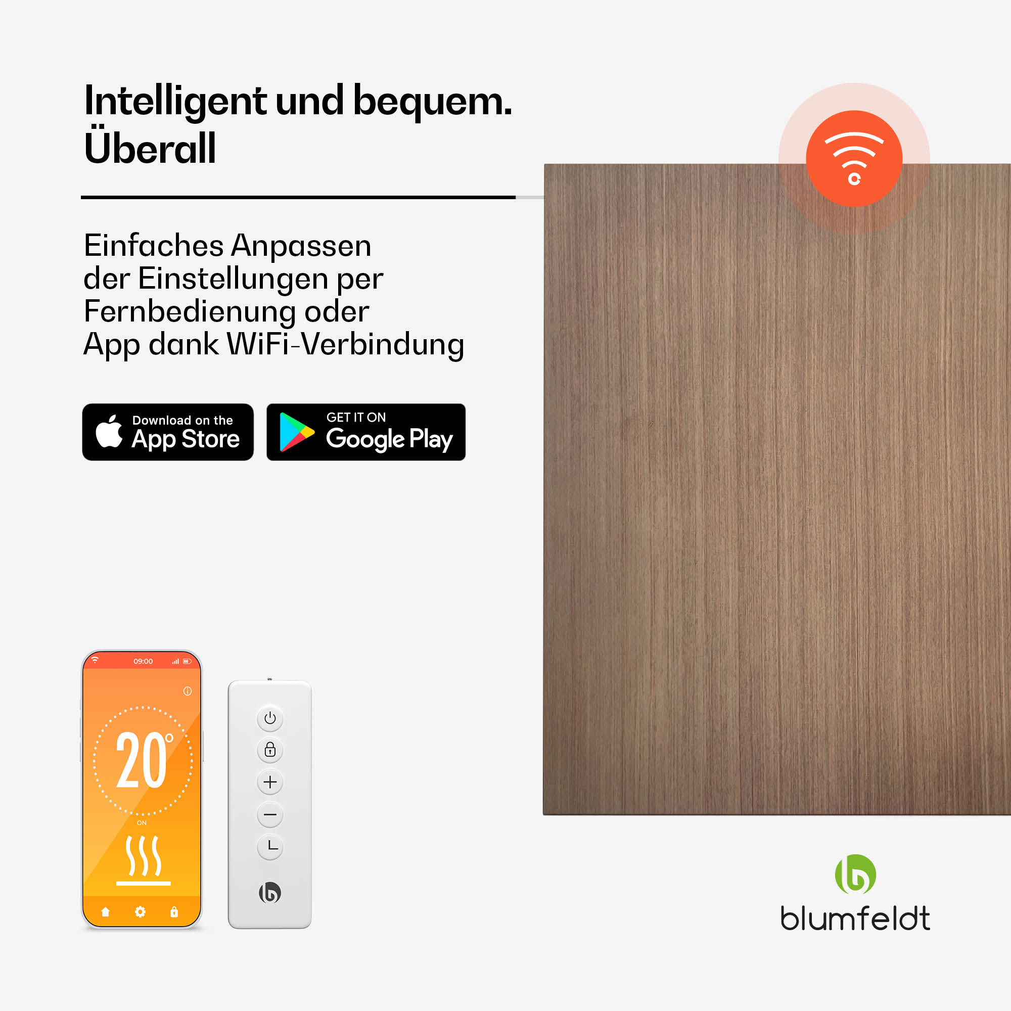 Dispositivo per la casa intelligente controllato tramite telefono. App e telecomando visibili. Sfondo in legno.