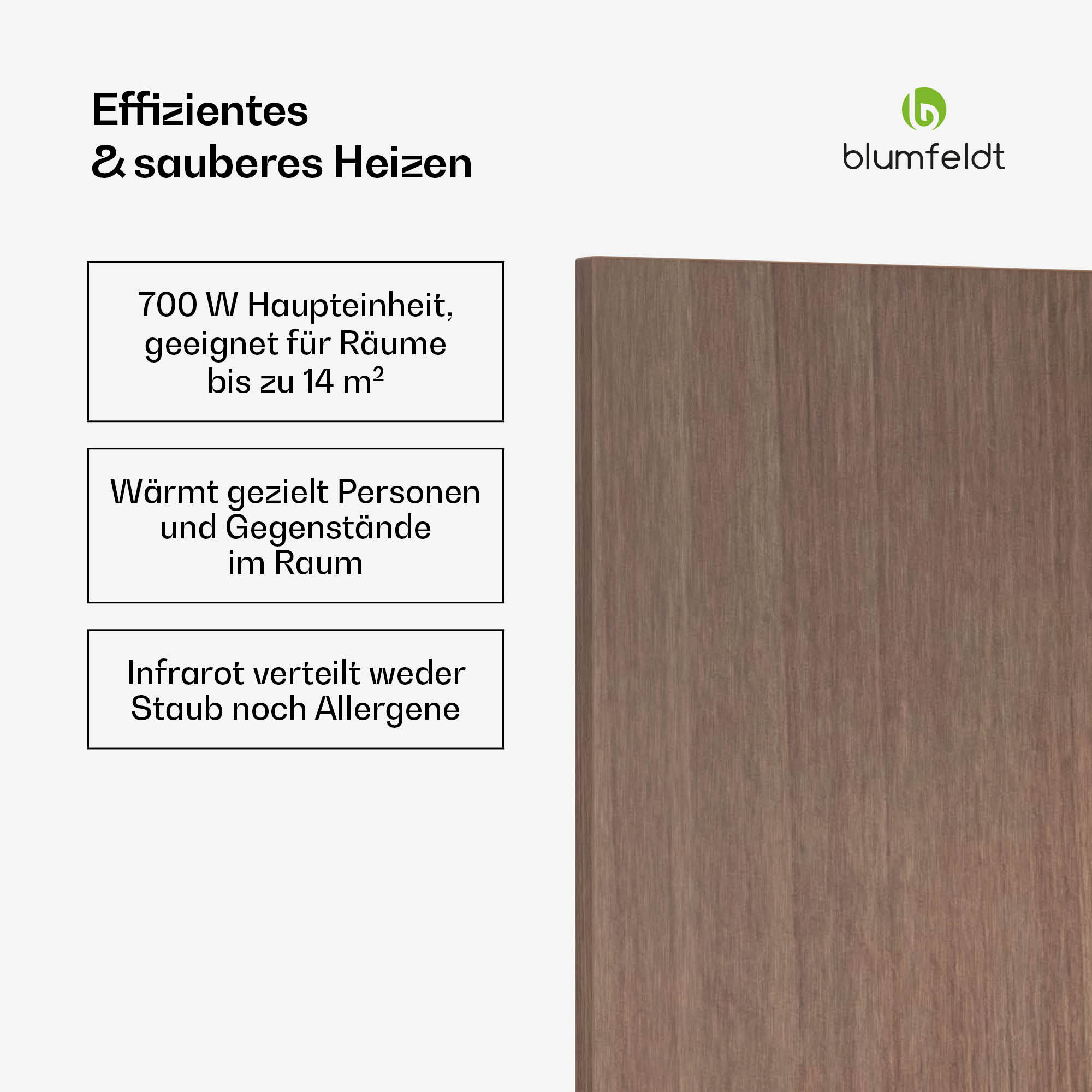 Pannello in legno con testo sul riscaldamento efficiente e logo blumfeldt a destra.