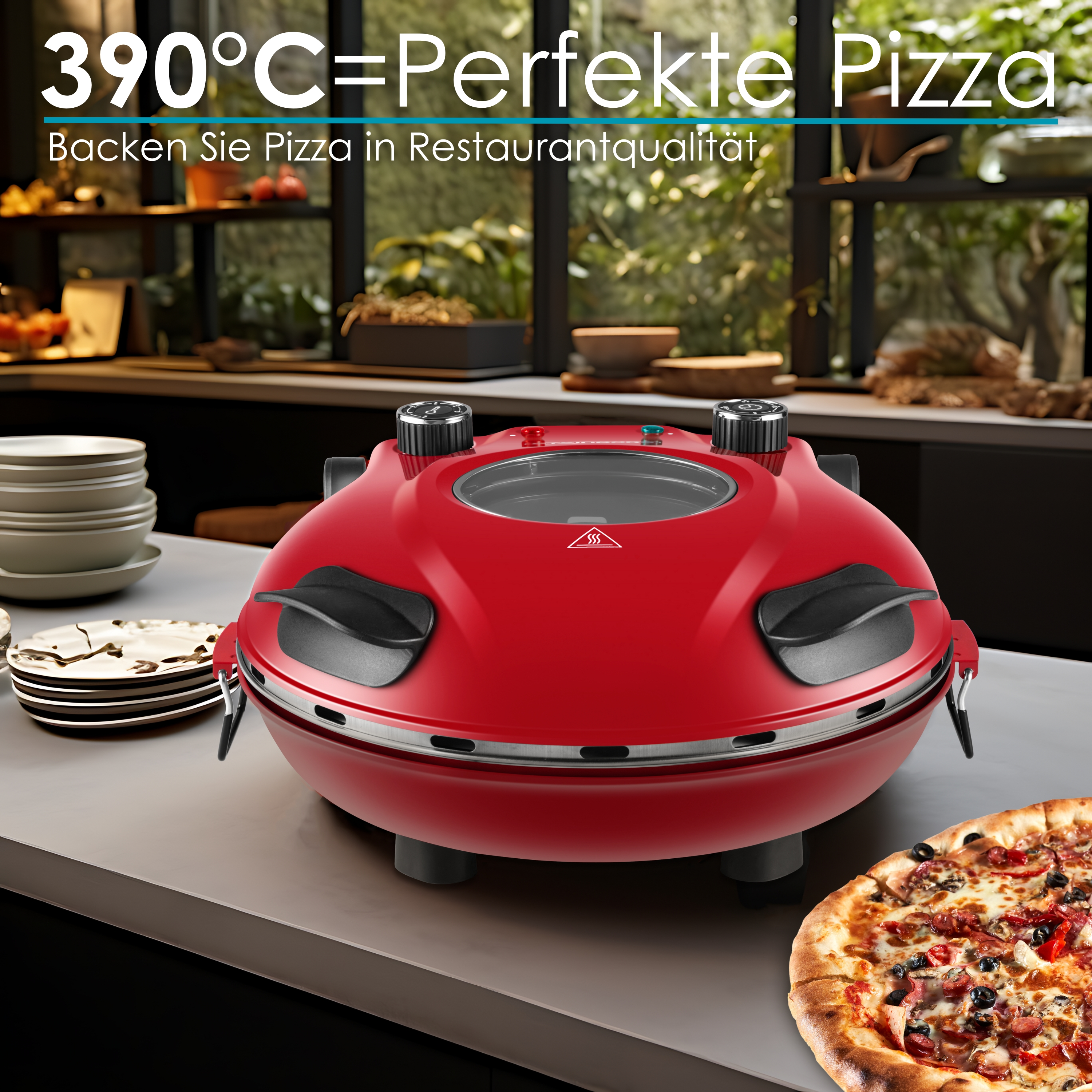 Four à pizza rouge sur un comptoir. Pizza à droite. Texte: '390°C=Pizza parfaite'.