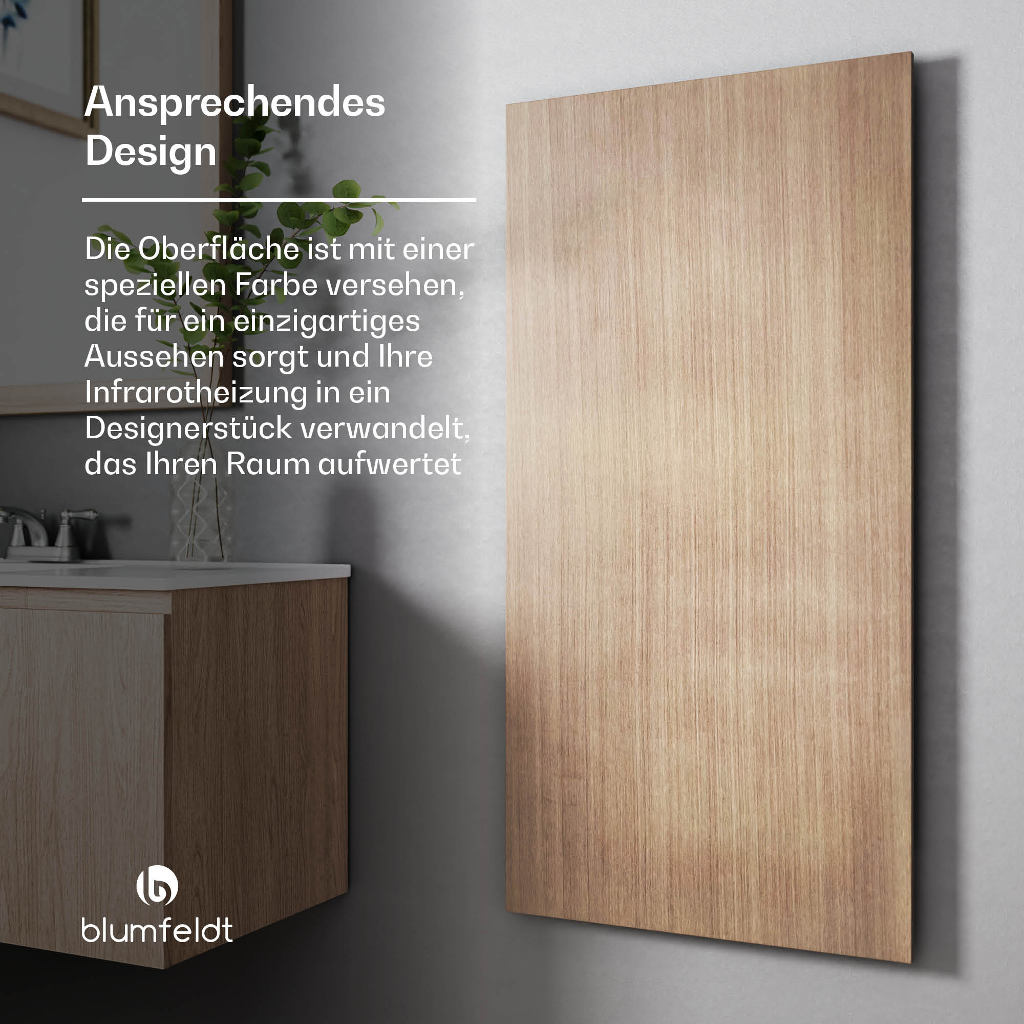 Pannello murale in legno accanto a un lavandino. Testo: Design accattivante.