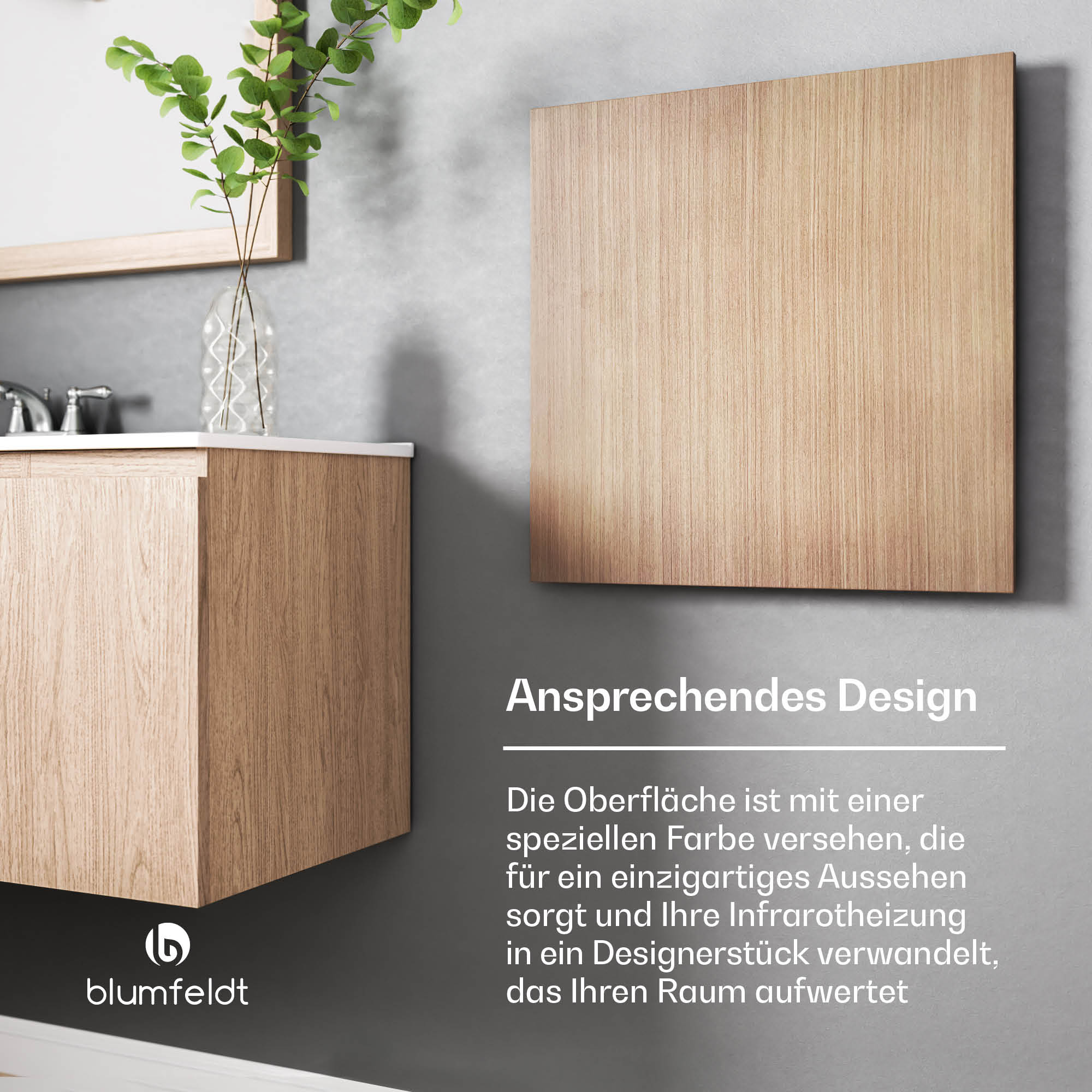 Mobile in legno e pannello a parete in una stanza. Testo: Design accattivante. Superficie con colore speciale.