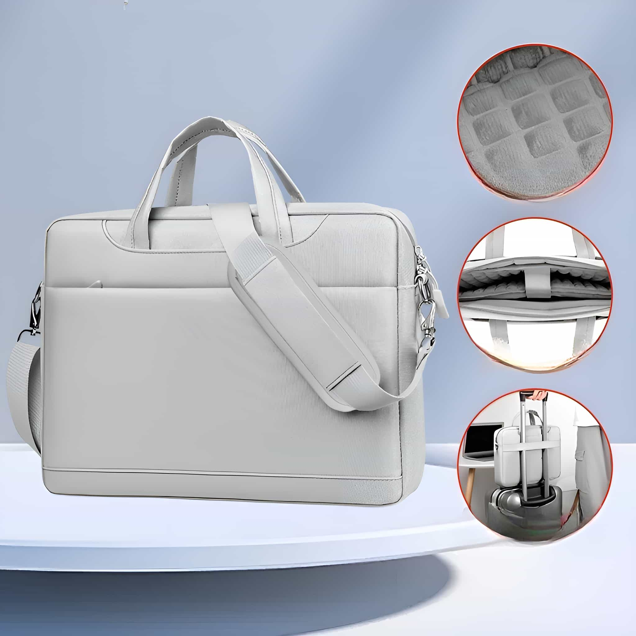 Graue Laptop-Ledertasche mit Schulterriemen. Details umfassen Innenansicht und eine Person, die sie benutzt.
