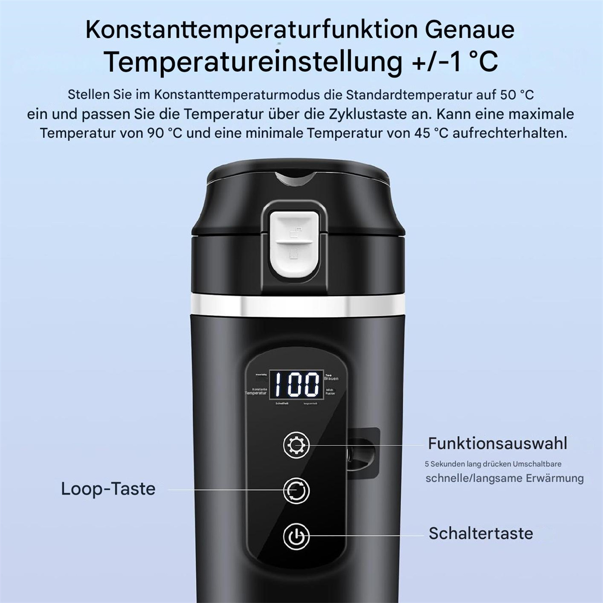 Schwarzer Isolierbecher mit digitaler Temperaturanzeige. Text und Symbole auf dem Becher.