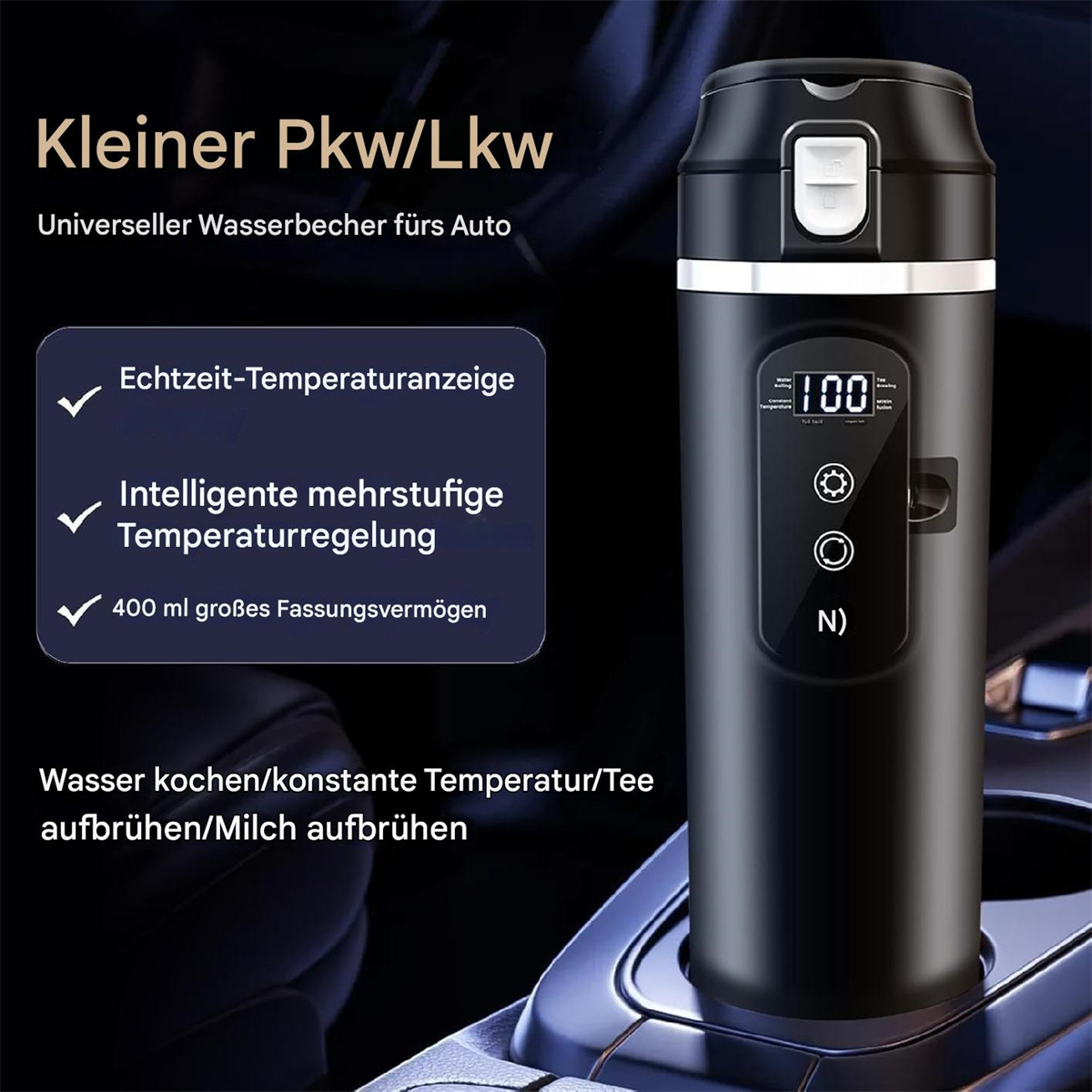 Ein schwarzer und silberner Wasserkocher mit digitaler Anzeige auf einer Autokonsole.