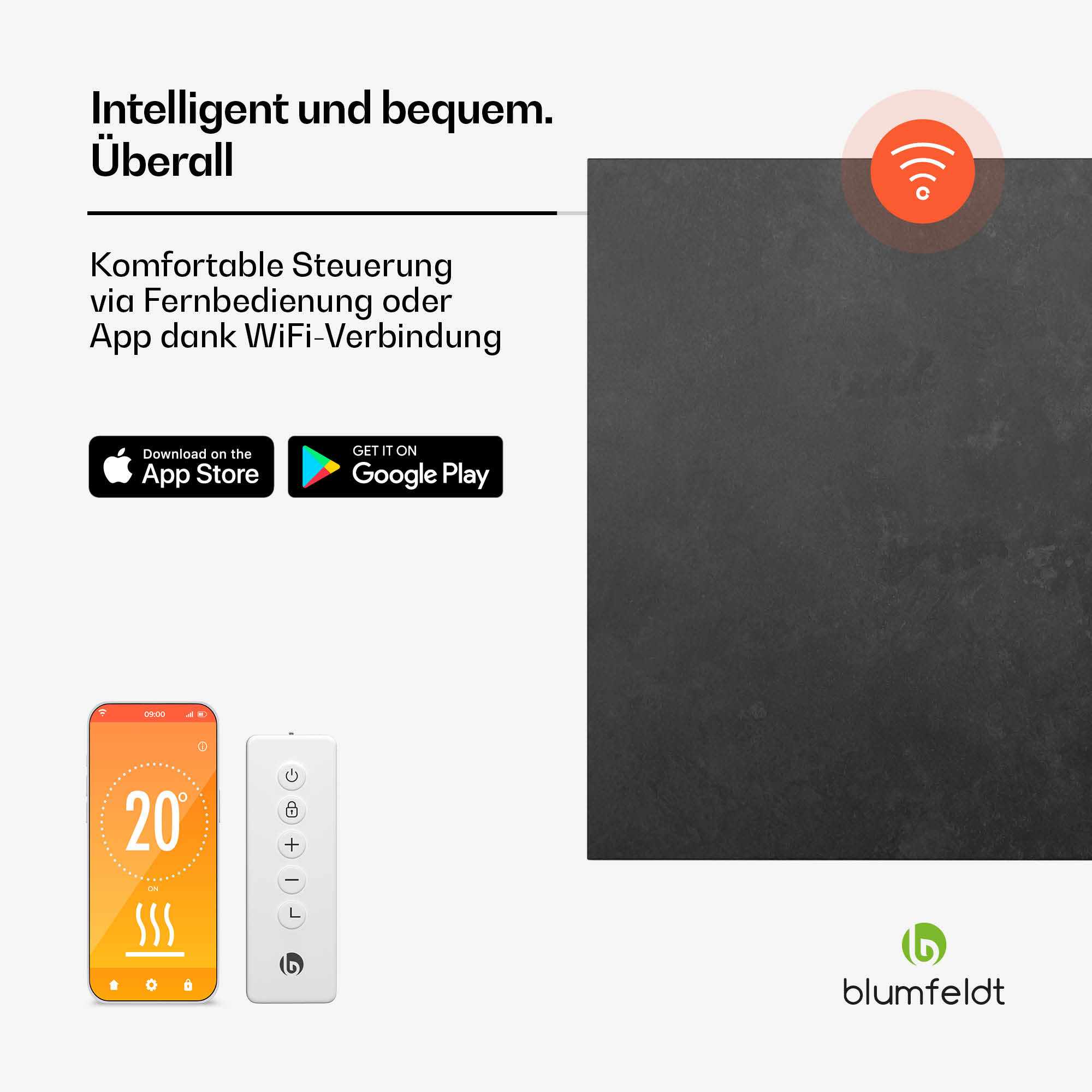 Weiße Fernbedienung und ein Telefon mit 20 Grad Temperatur. Die Marke ist blumfeldt.