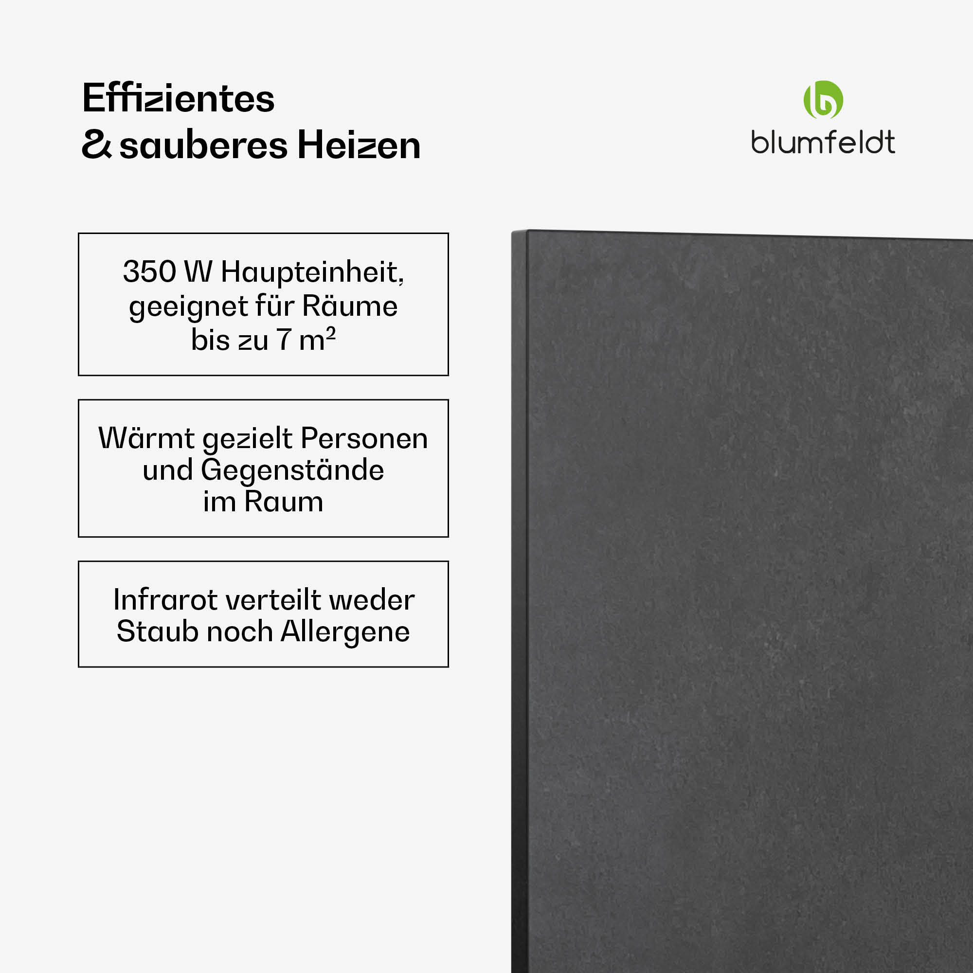 Schwarzes Heizpaneel, mit Text über Heizeffizienz auf Deutsch.