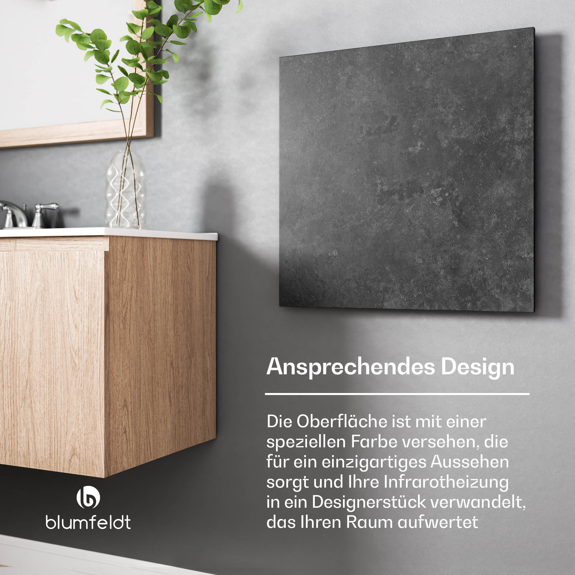 Dunkelgraues quadratisches Panel an hellgrauer Wand, Text: 'Ansprechendes Design', und ein Holzschrank.