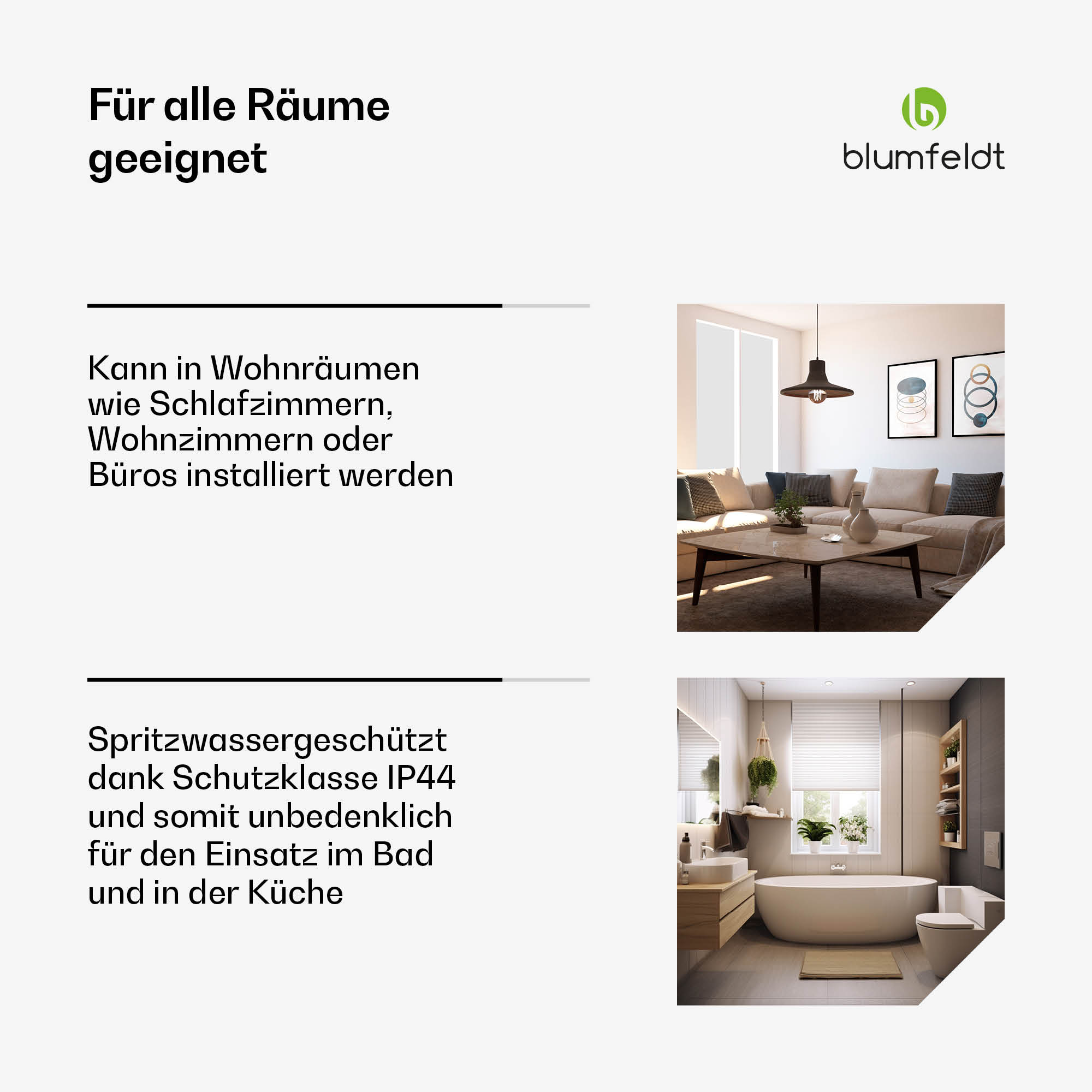 Bilder zeigen Wohnzimmer, Badezimmer und Küche, beschriftet für Blumfeldt-Produkt-Eignung.