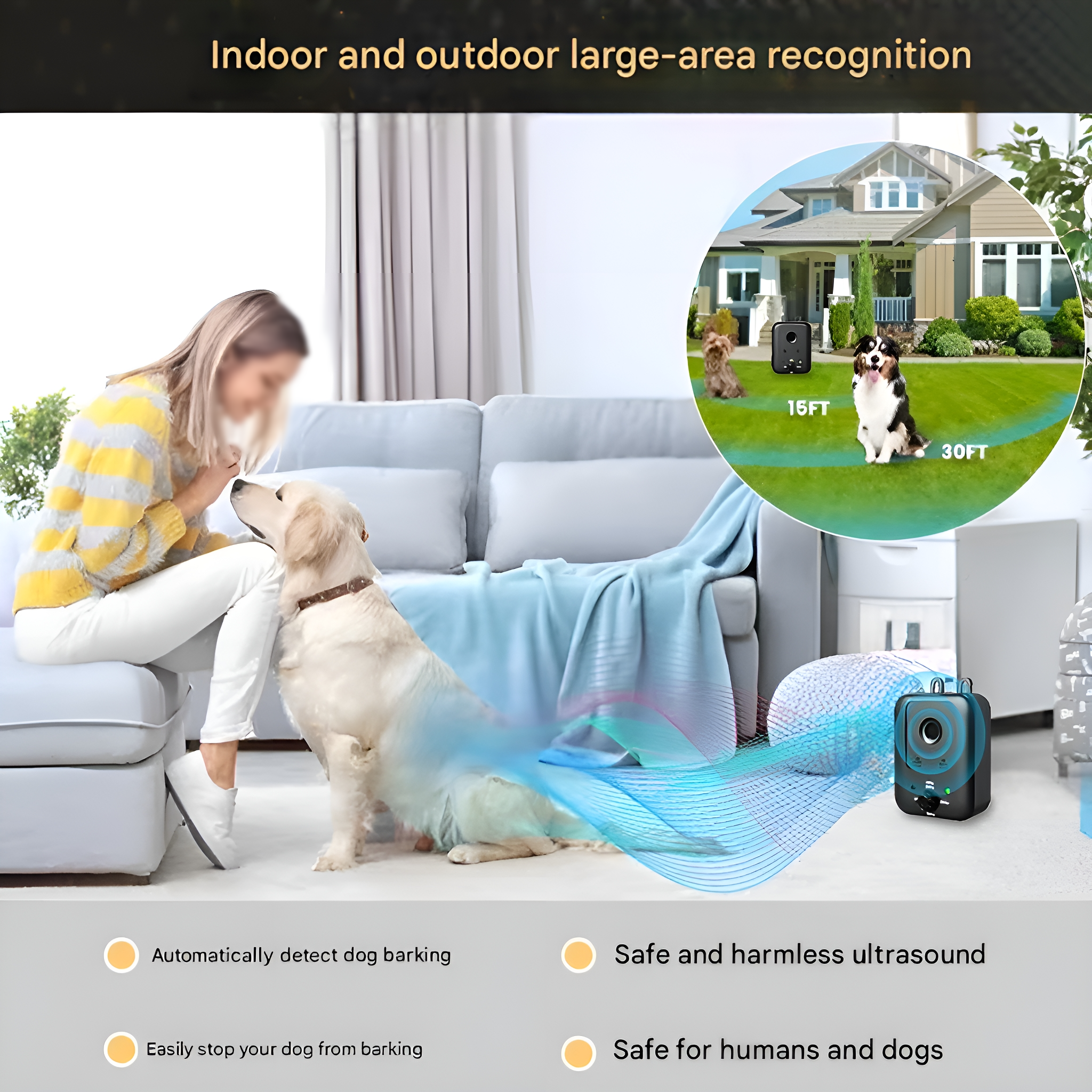 Eine Frau auf einer Couch mit einem Hund, ein Gerät im Garten, Text über Hundegebell.