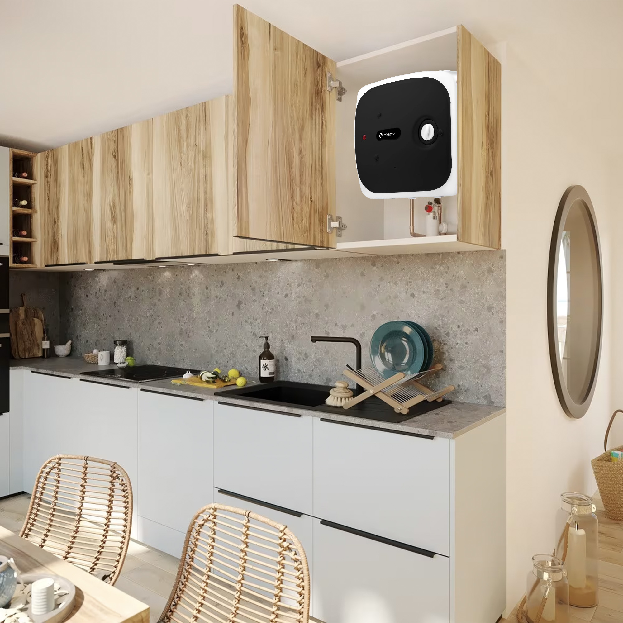 Eine moderne Küche mit weißen Schränken und einem schwarzen Waschbecken. Ein Wand-Warmwasserbereiter ist sichtbar.