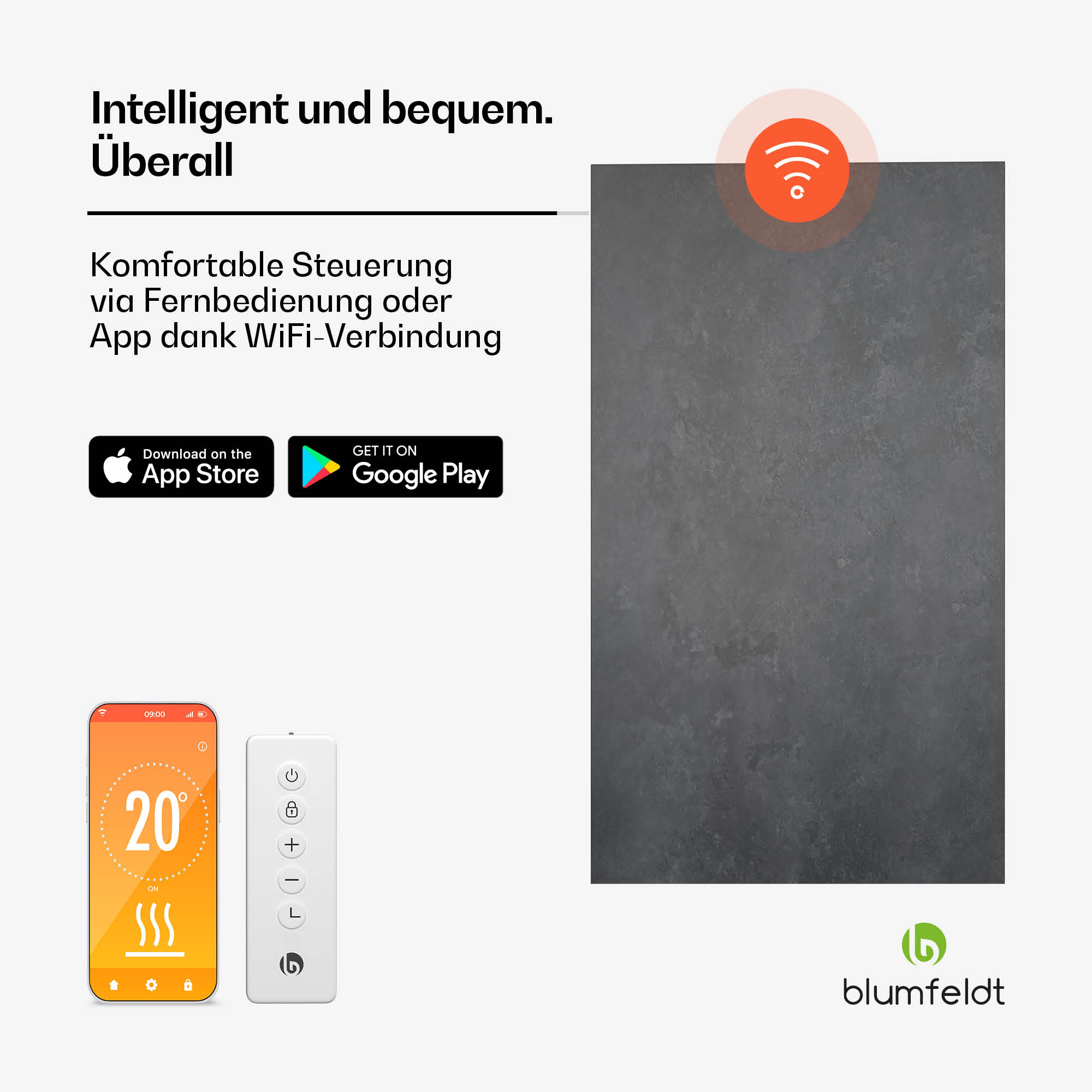 Smartphone, Fernbedienung und eine dunkelgraue Platte mit WLAN-Symbol. Für Smart Home.