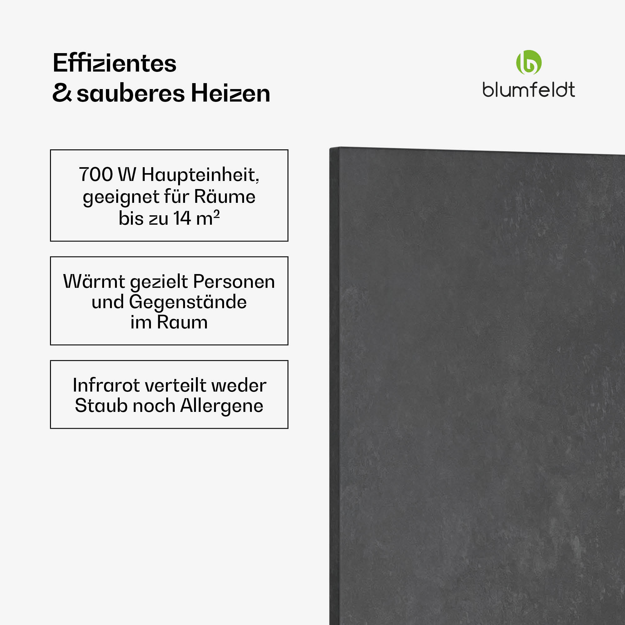 Infrarotheizung mit Text zur Effizienz. Die Heizung ist dunkelgrau und hat eine schwarze Oberfläche.