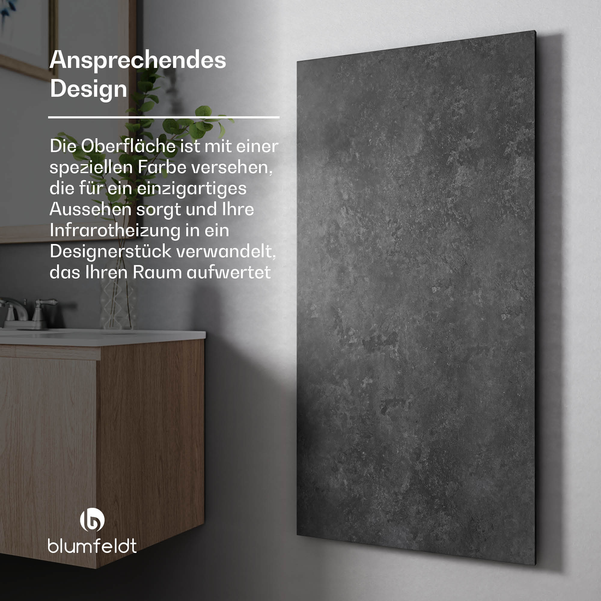 Eine dunkelgraue Wandplatte. Links ein weißes Textfeld, unten ein Schrank.