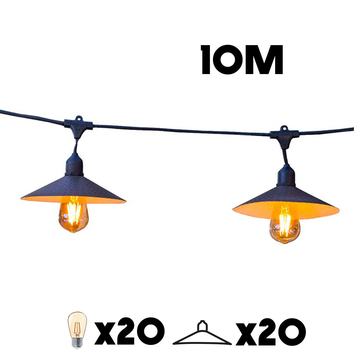 Lichterkette mit 20 Glühbirnen. Die Lichter hängen. Das Wort 10M steht oben. x20 Glühbirnen und x20 Aufhänger.