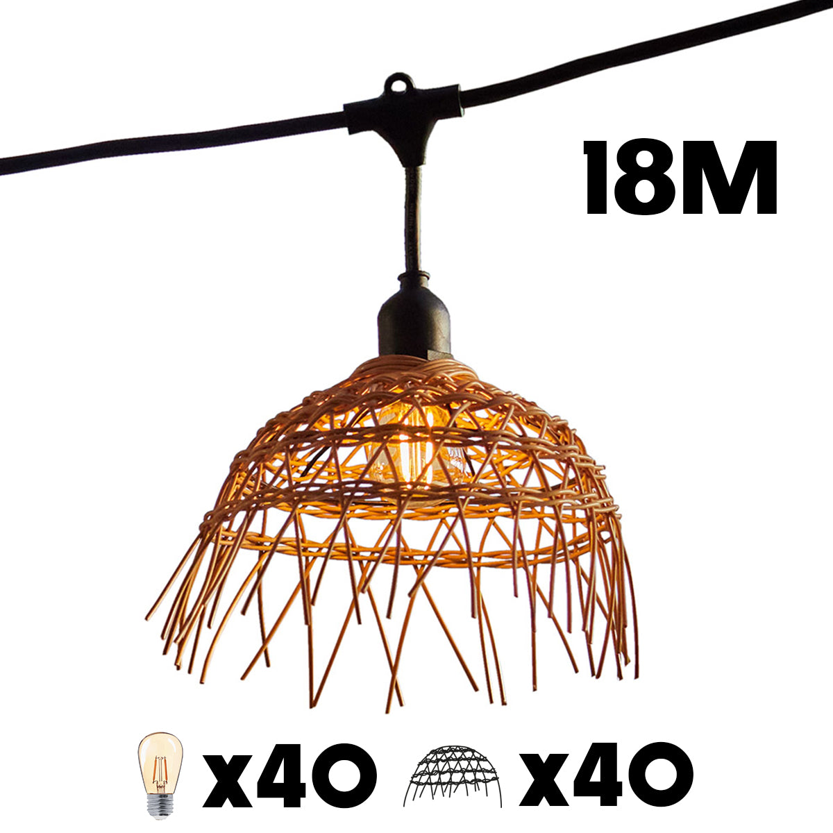 Lichterkette mit gewebten Lampenschirmen, beschriftet mit 18M. x40 Glühbirnen und x40 Schirmen.