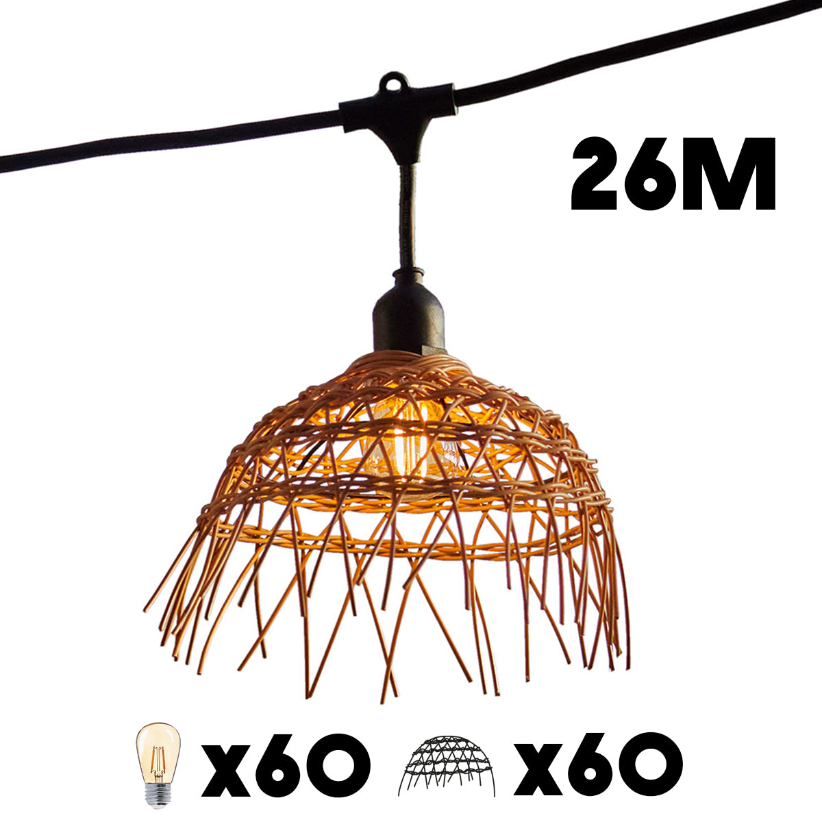 Lichterkette mit Korblampenschirmen und Text 26M, Birne und Lampen.