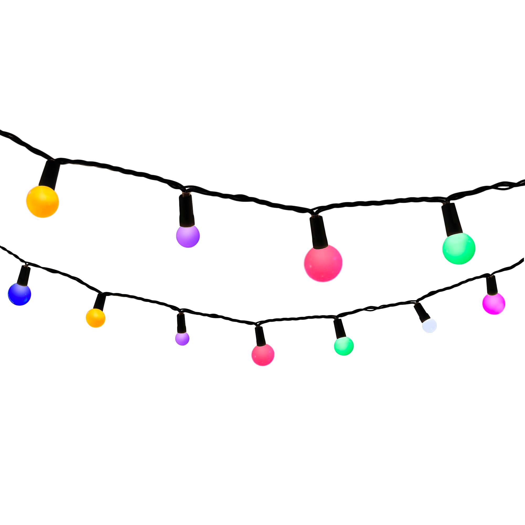 Lichterkette mit bunten Glühbirnen. Verschiedene Farben, horizontal angeordnet vor weißem Hintergrund.