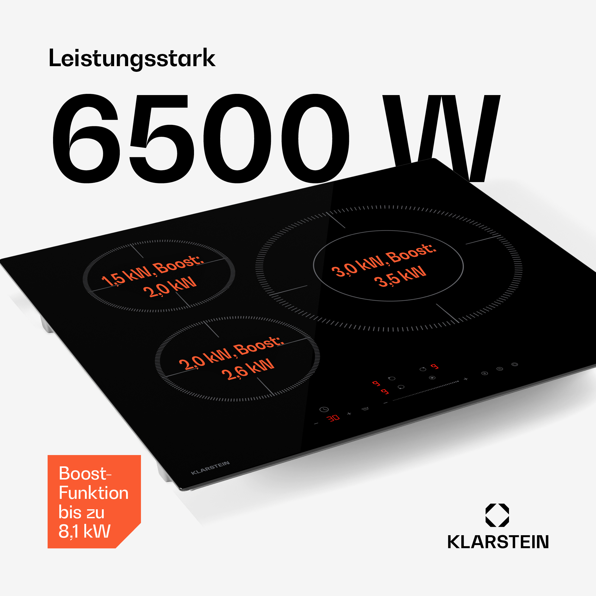 Schwarzes Induktionskochfeld mit drei Kochzonen, mit Text von 6500W und Leistungsstufen.